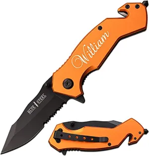 Blue Steel Personalized Laser Engraved Pocket Knife with Stonewashed Blade High Carbon S.S. Folding Knife with 3.25'' Tanto Point Blade Color- Orange