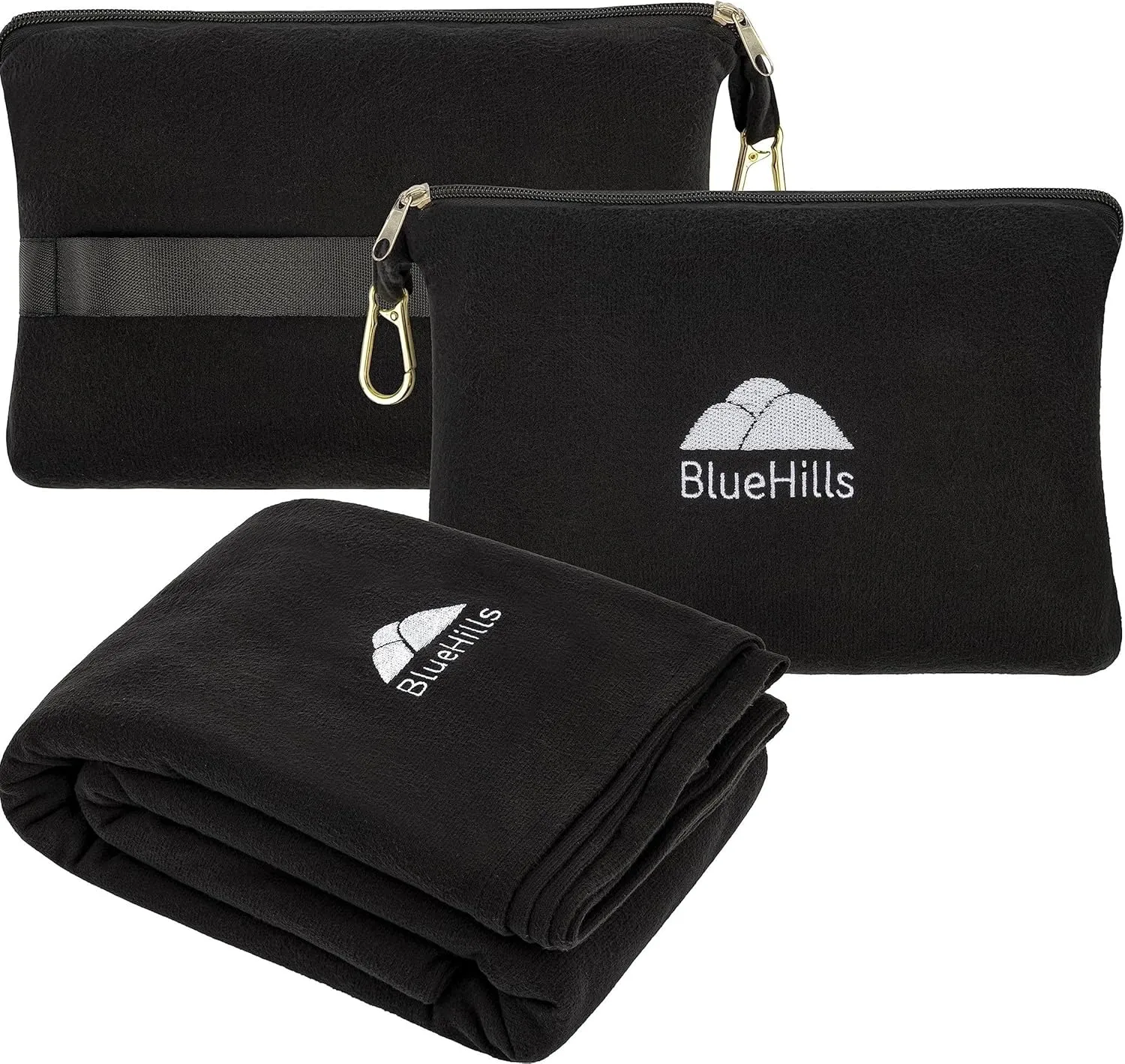 BlueHills Travel Blanket Pillow Compact Lightweight Pocket Size Airplane Traveling Essential Flight Trip Throw in Bag Portable Case Plane Accessory Black L05