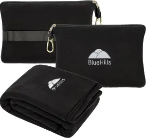 BlueHills Travel Blanket Pillow Compact Lightweight Pocket Size Airplane Traveling Essential Flight Trip Throw in Bag Portable Case Plane Accessory Black L05