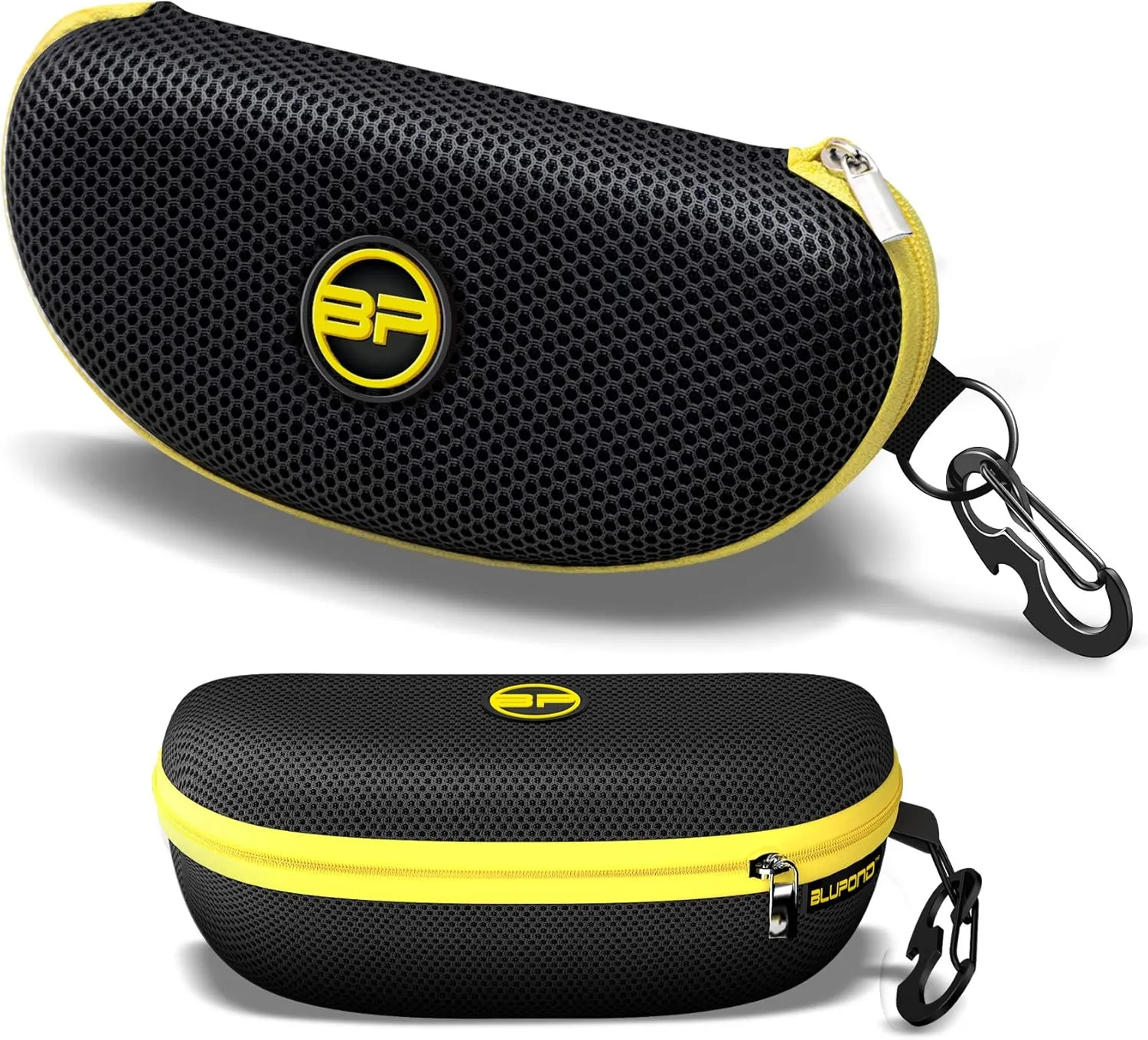 BLUPOND Large Sunglasses Case with Metal Carabiner & Zipper - EVA Semi Hard Frame Glasses Case for Men & Women