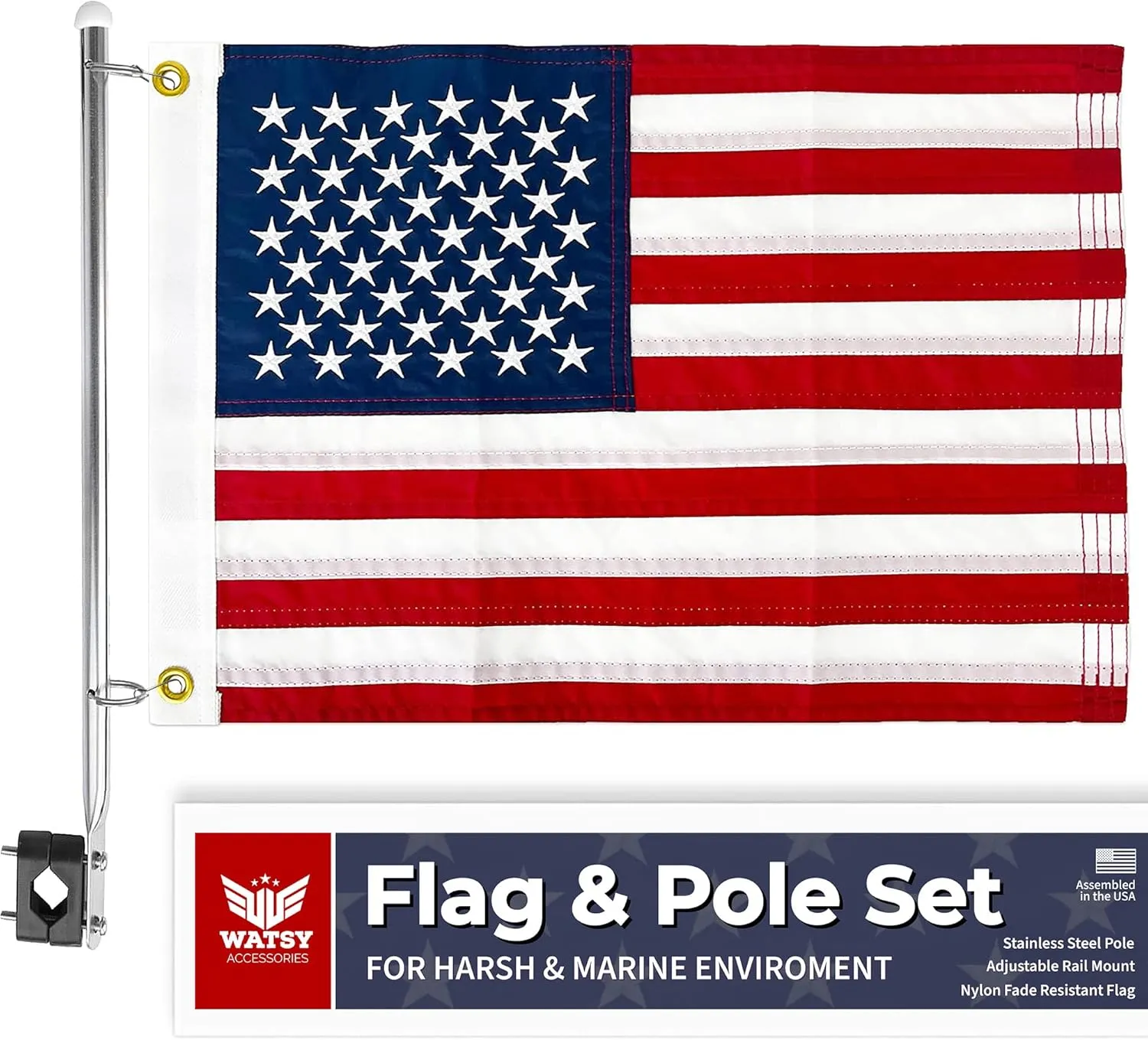 Boat Flag Pole Kit 12x18 Inch Boat Flag Holder With Clips Embroidered Marine Cabin Kit Bike Flag & Golf Cart Flag (USA Kit 12x18 Inch)