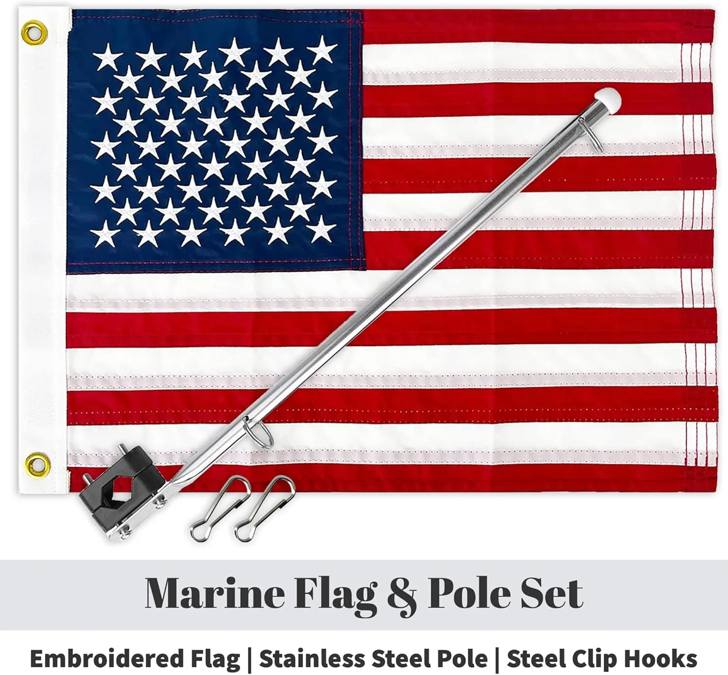 Boat Flag Pole Kit 12x18 Inch Boat Flag Holder With Clips Embroidered Marine Cabin Kit Bike Flag & Golf Cart Flag (USA Kit 12x18 Inch)