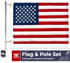 Boat Flag Pole Kit 12x18 Inch Boat Flag Holder With Clips Embroidered Marine Cabin Kit Bike Flag & Golf Cart Flag (USA Kit 12x18 Inch)
