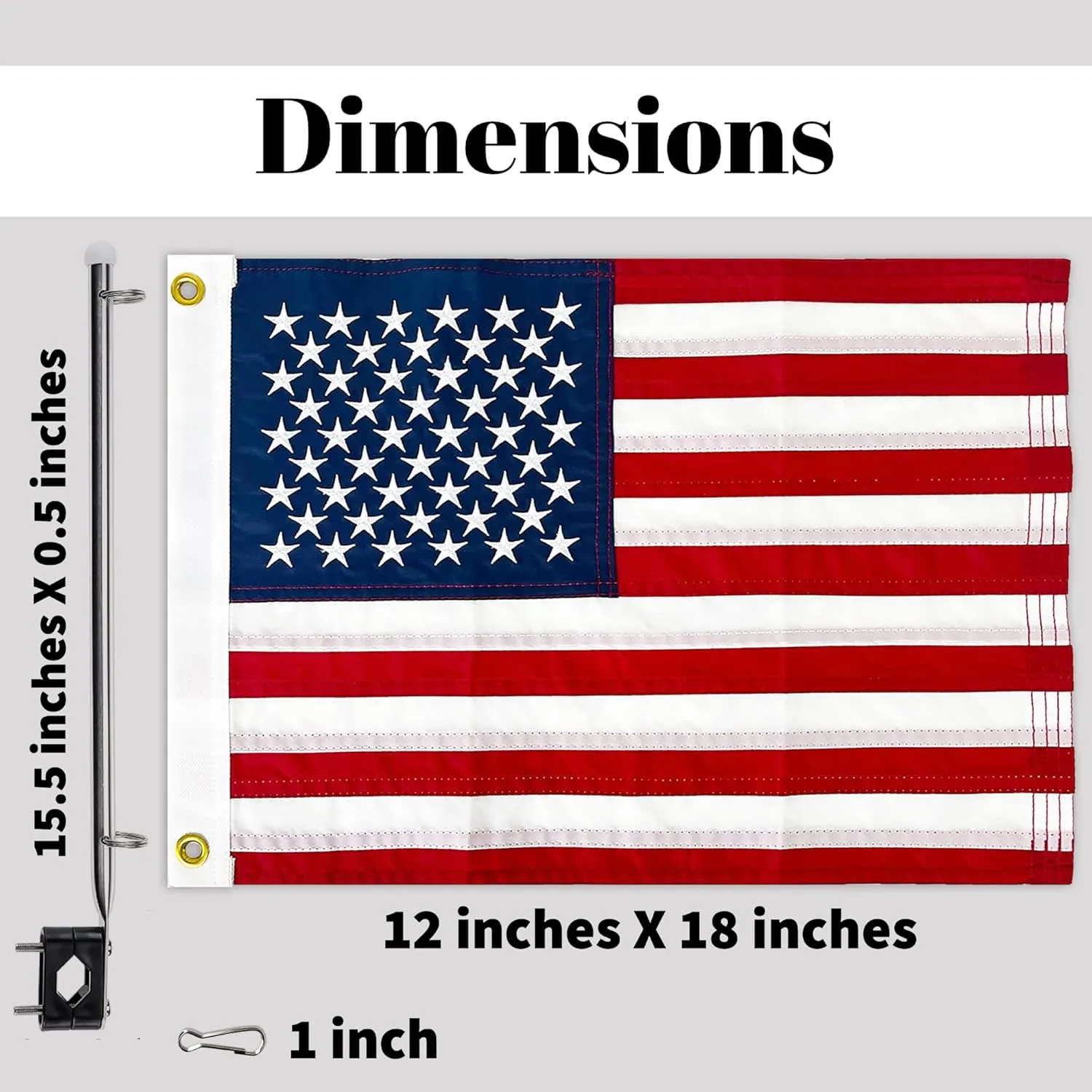 Boat Flag Pole Kit 12x18 Inch Boat Flag Holder With Clips Embroidered Marine Cabin Kit Bike Flag & Golf Cart Flag (USA Kit 12x18 Inch)