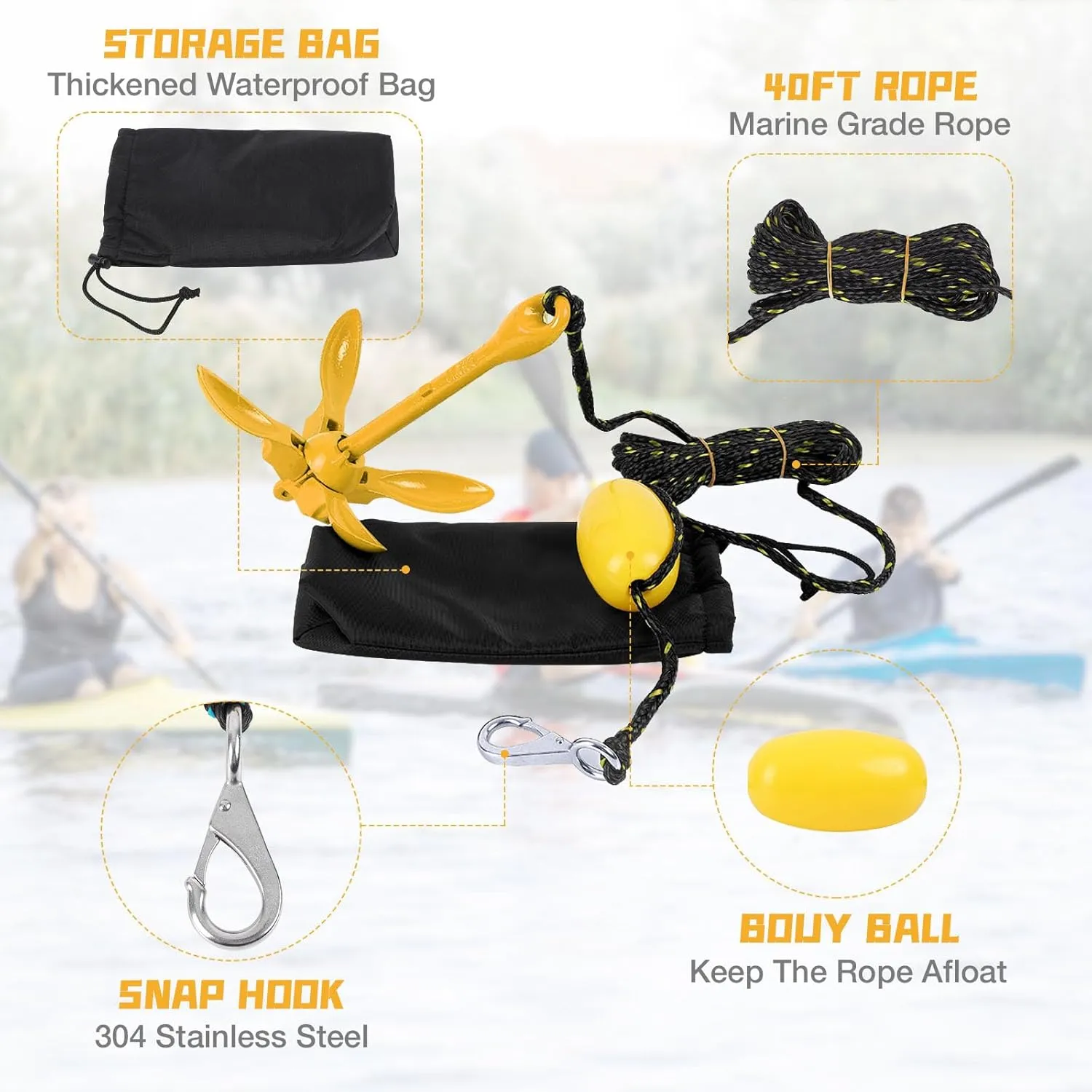 Boat Kayak Anchor Kit 40ft Rope & Storage Bag - Accessories for Kayaks, Canoes, SUP Boards, Small Boats, Jet Skis & PWCs
