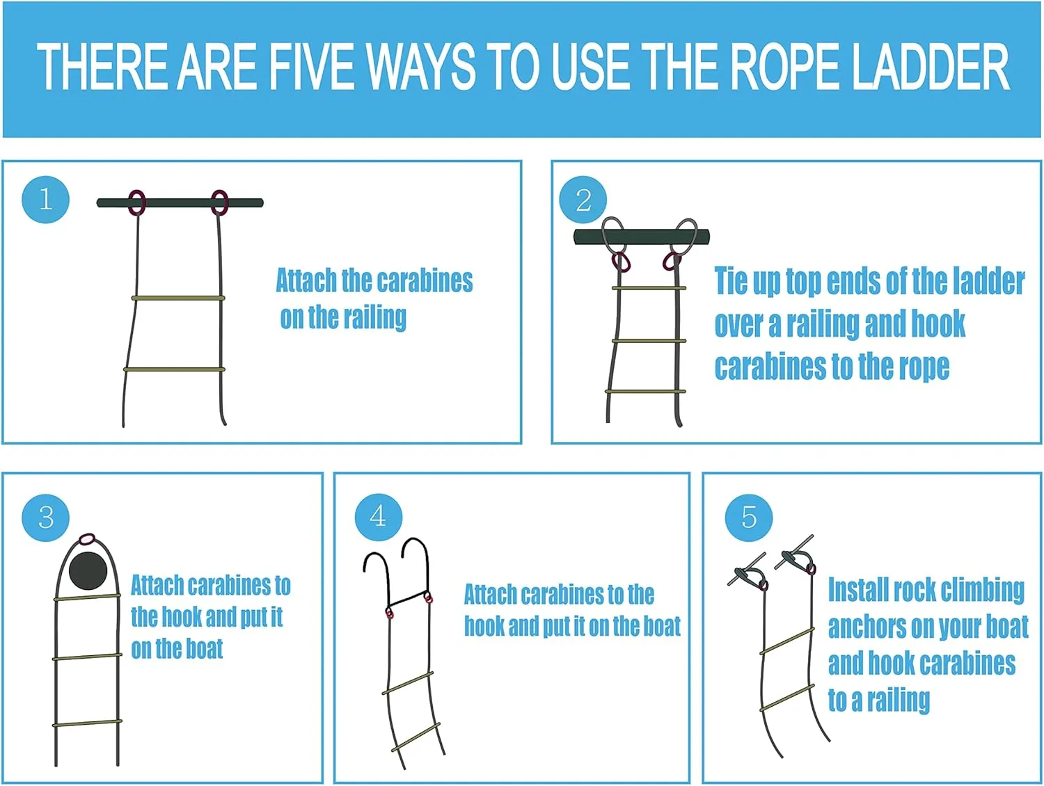 Boat Rope Ladder, Heavy Duty Climbing Rope 400Lbs Strength, 14mm Reinforced Polyester Line, Rigid Resin Step Design, Outdoor Ladder for Inflatable Boat, Kayak, Motorboat, Canoeing (5 Step)