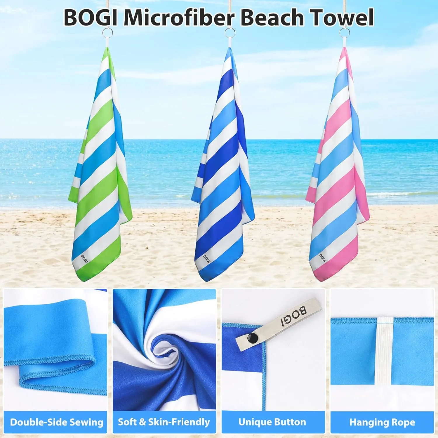BOGI Microfiber Beach Towel Set,Quick Dry Beach Towel-(Size:L,XL)-Lightweight Absorbent Oversized Travel Towel,Sand Proof Compact Pool Towels for Travel Bath Beach Swim Gym Yoga