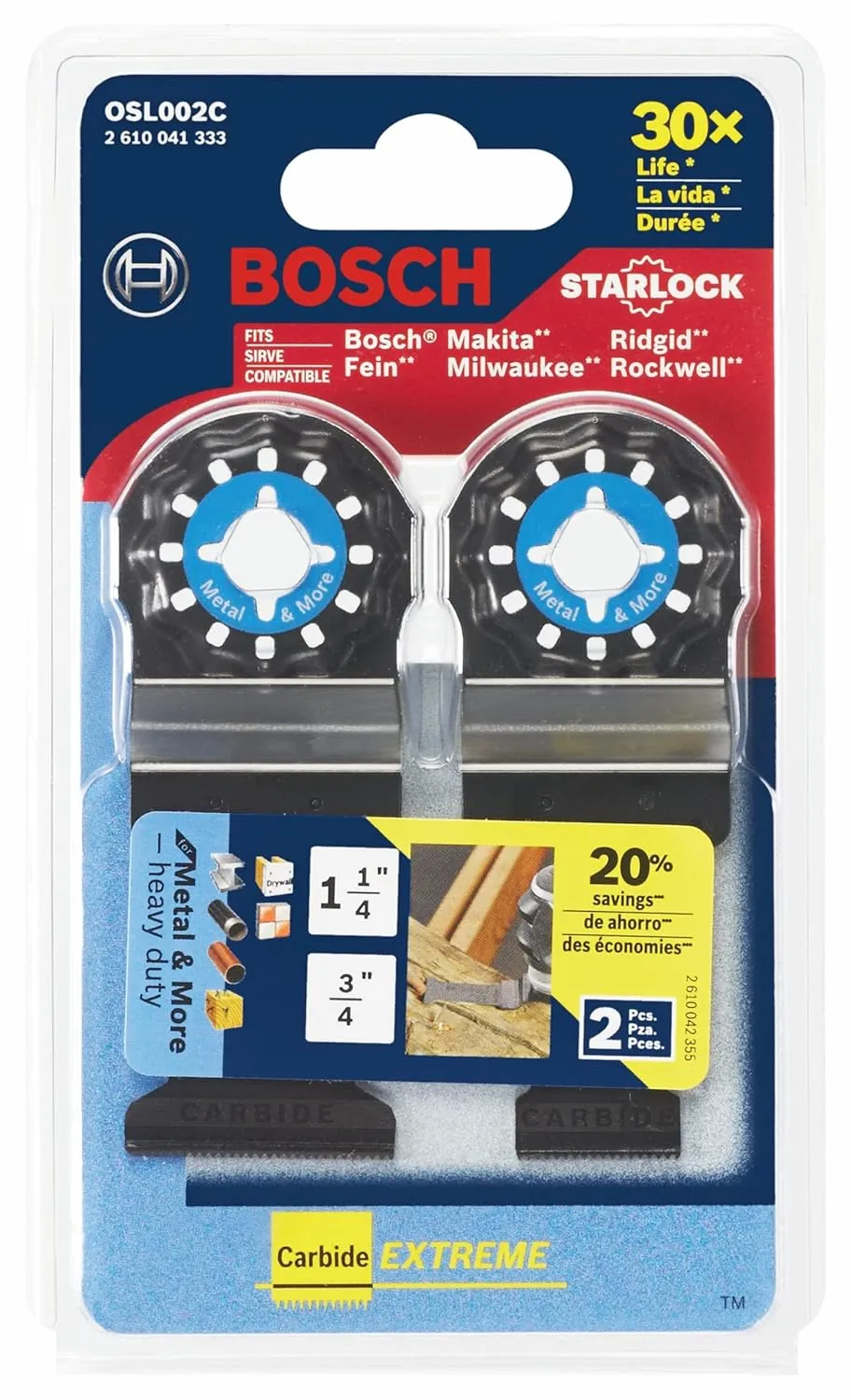 BOSCH OSL002C 2-Piece Mixed Set 3/4 In. & 1-1/4 In. Starlock Oscillating Multi Tool Metal & More Carbide Extreme Plunge Cut Blades for Cutting Iron Bar, Metal, Wood with Nails, Drywall and Tile