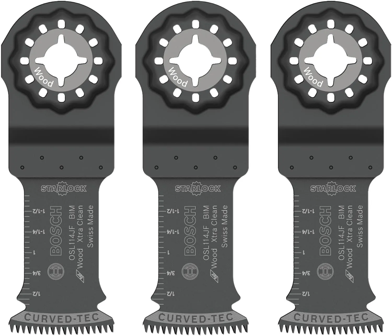 BOSCH OSL114JF-3 3-Pack 1-1/4 in. Starlock Oscillating Multi Tool Wood Curved-Tec Bi-Metal Xtra-Clean Plunge Cut Blades for Applications in Cutting Wood, Hardwood, Laminate