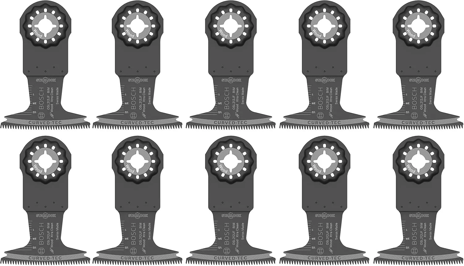 BOSCH OSL212JF-10 10-Pack 2-1/2 In. Starlock Oscillating Multi Tool Wood Curved-Tec Bi-Metal Xtra-clean Plunge Cut Blades for Applications in Cutting Hardwood