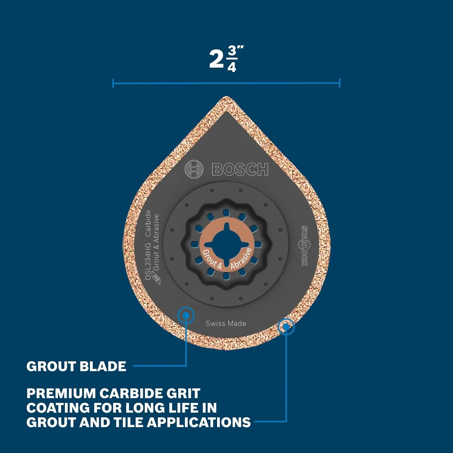 BOSCH OSL234HG 1-Piece 2-3/4 in. x 1/8 in. Starlock Oscillating Multi Tool Grout & Abrasive Carbide Grit Hybrid Grout Blade for Grinding & Rasping Applications