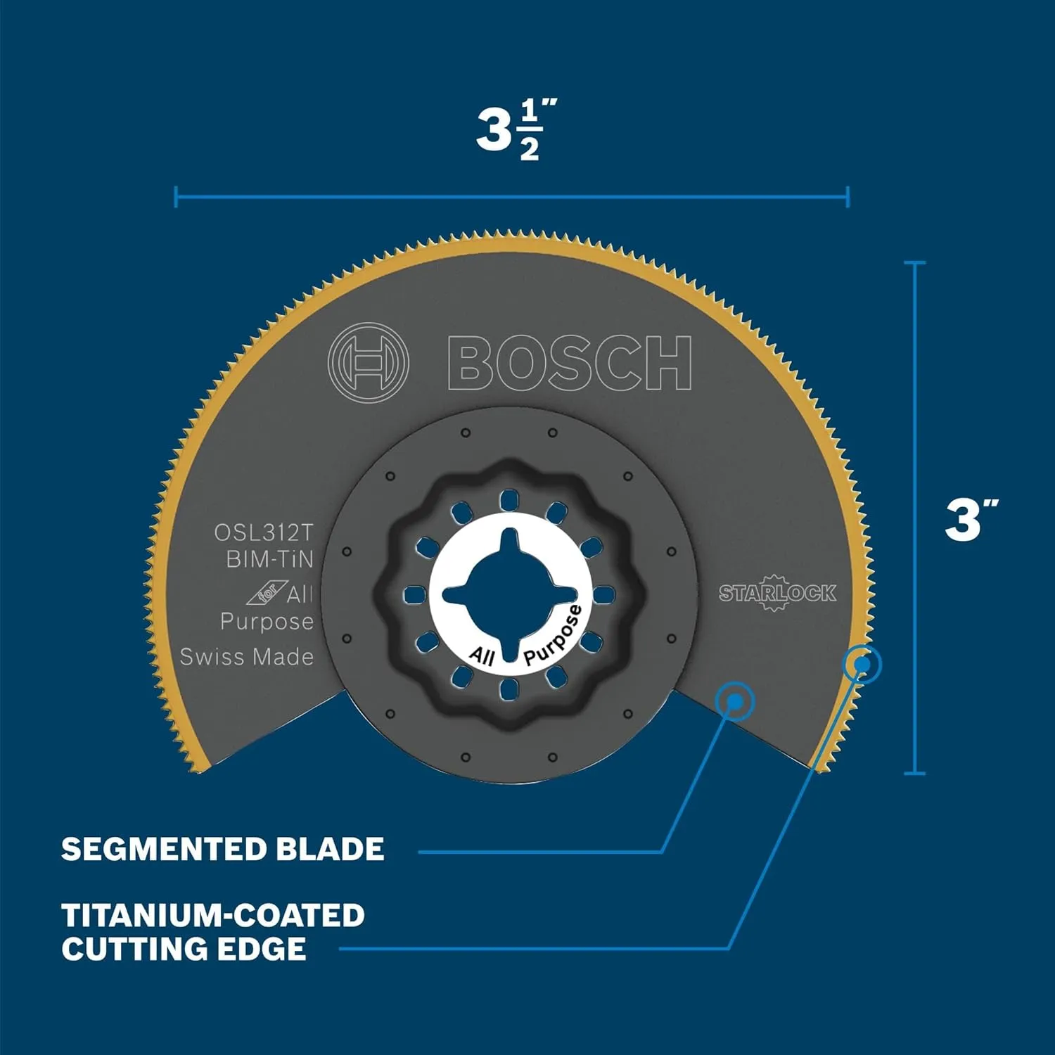 BOSCH OSL312T 3-1/2 In. Starlock Oscillating Multi Tool Grout & Abrasive Titanium-Coated Bi-Metal Segmented Saw Blade for Applications in Wood, Wood with Nails, Drywall, PVC, Metal (Nails and Staples)