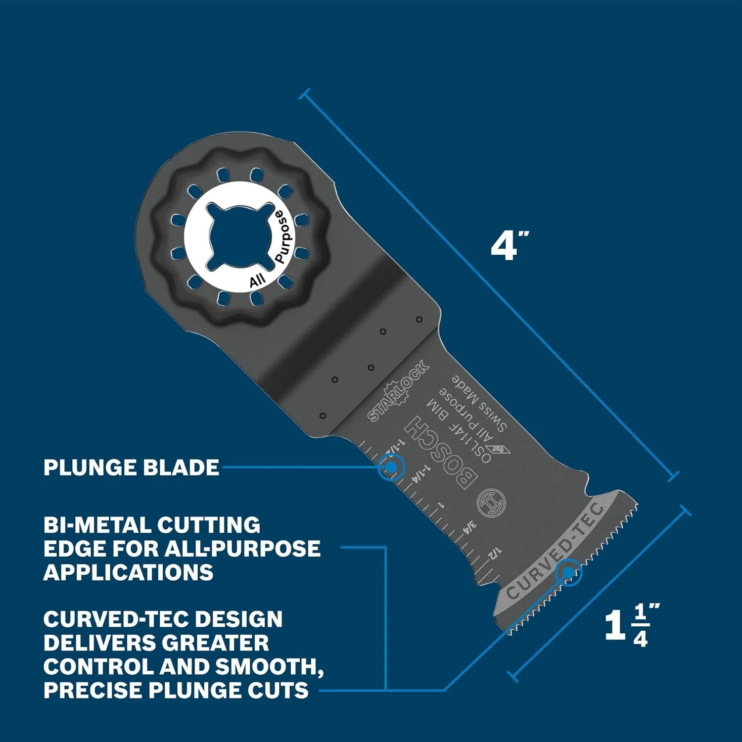 BOSCH OSM114F 1-1/4 In. StarlockMax Oscillating Multi Tool All Purpose Bi-Metal Plunge Cut Blade for Extreme-Duty Applications in Wood, Wood with Nails, Drywall, PVC, Metal (Nails and Staples)