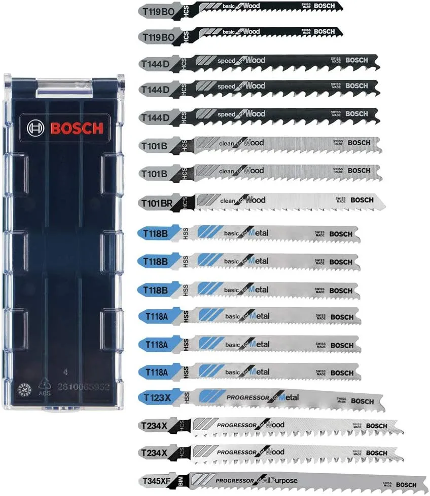 BOSCH T-Shank Jig Saw Blade Set T18CHCL, 18 Pieces, 3-1/4'' - 5-1/4'', 5-24 TPI, In Brute Tough Case, For Wood, Metal And All Purpose/Multi-Material