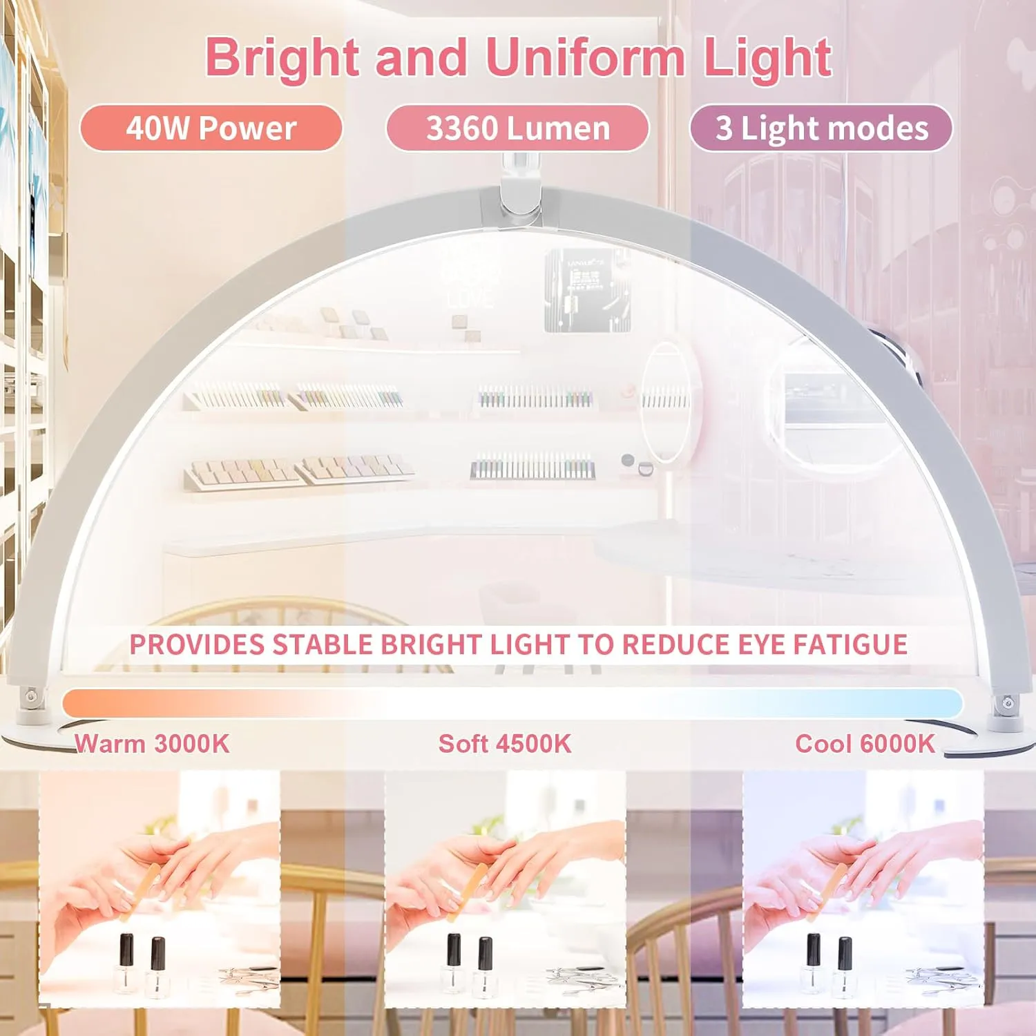 BQAN Half Moon Light for Nail Desk, 29" 40W Professional Nails Table Tech Lamp with Phone Holder & Controller & Remote, Lash Light for Eyelash Tech, Makeup, Tattoo, Spa, Salon
