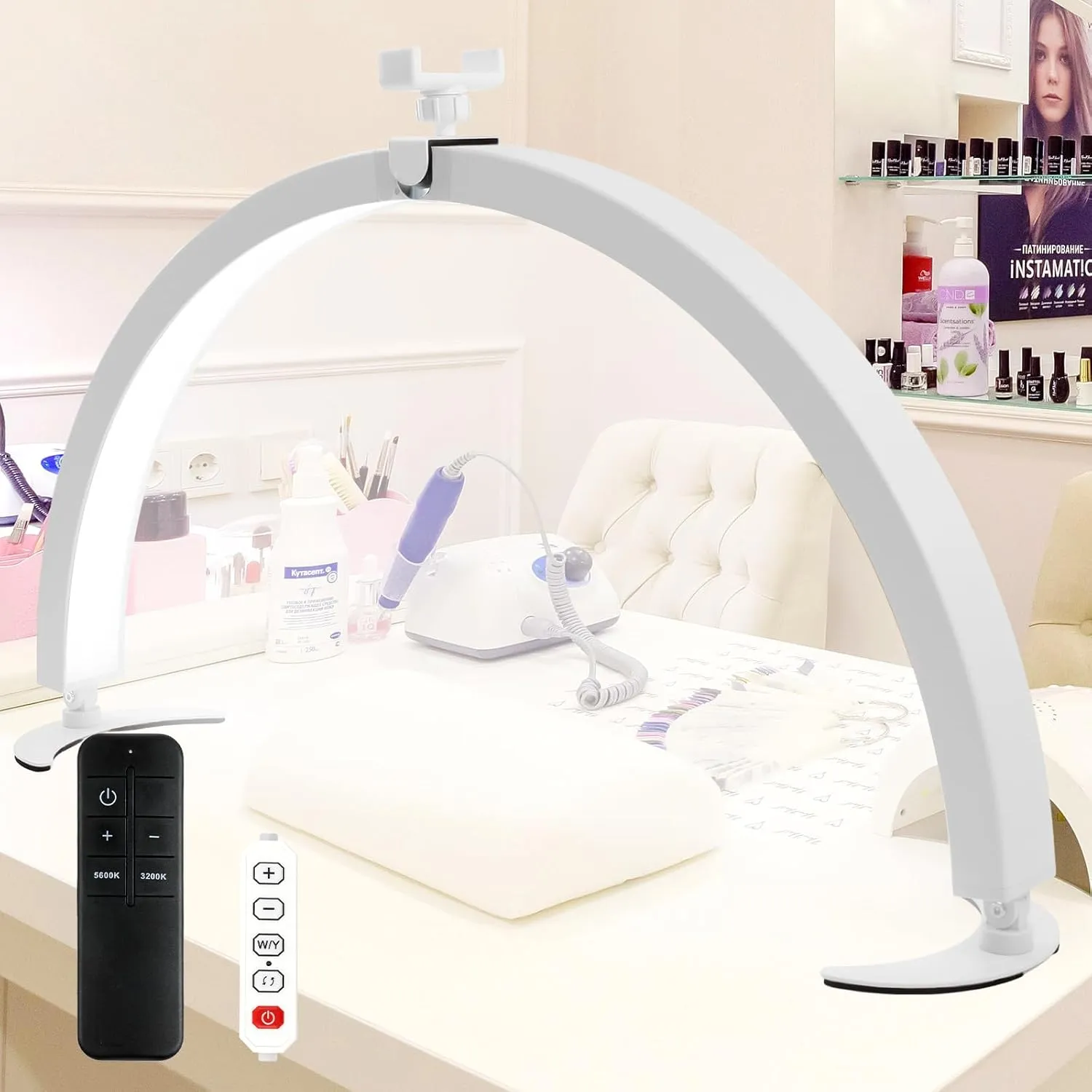 BQAN Half Moon Light for Nail Desk, 29" 40W Professional Nails Table Tech Lamp with Phone Holder & Controller & Remote, Lash Light for Eyelash Tech, Makeup, Tattoo, Spa, Salon
