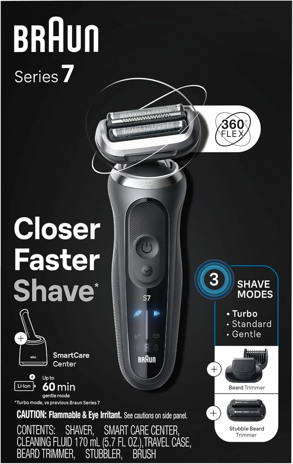 Braun Electric Shaver for Men, Series 7 7185cc, Waterproof, Wet & Dry Shave, Shaving Kit with SmartCare Center and Beard Trimmer, 3 Shave Modes, 60 Minute Battery Runtime, 10 Piece Set