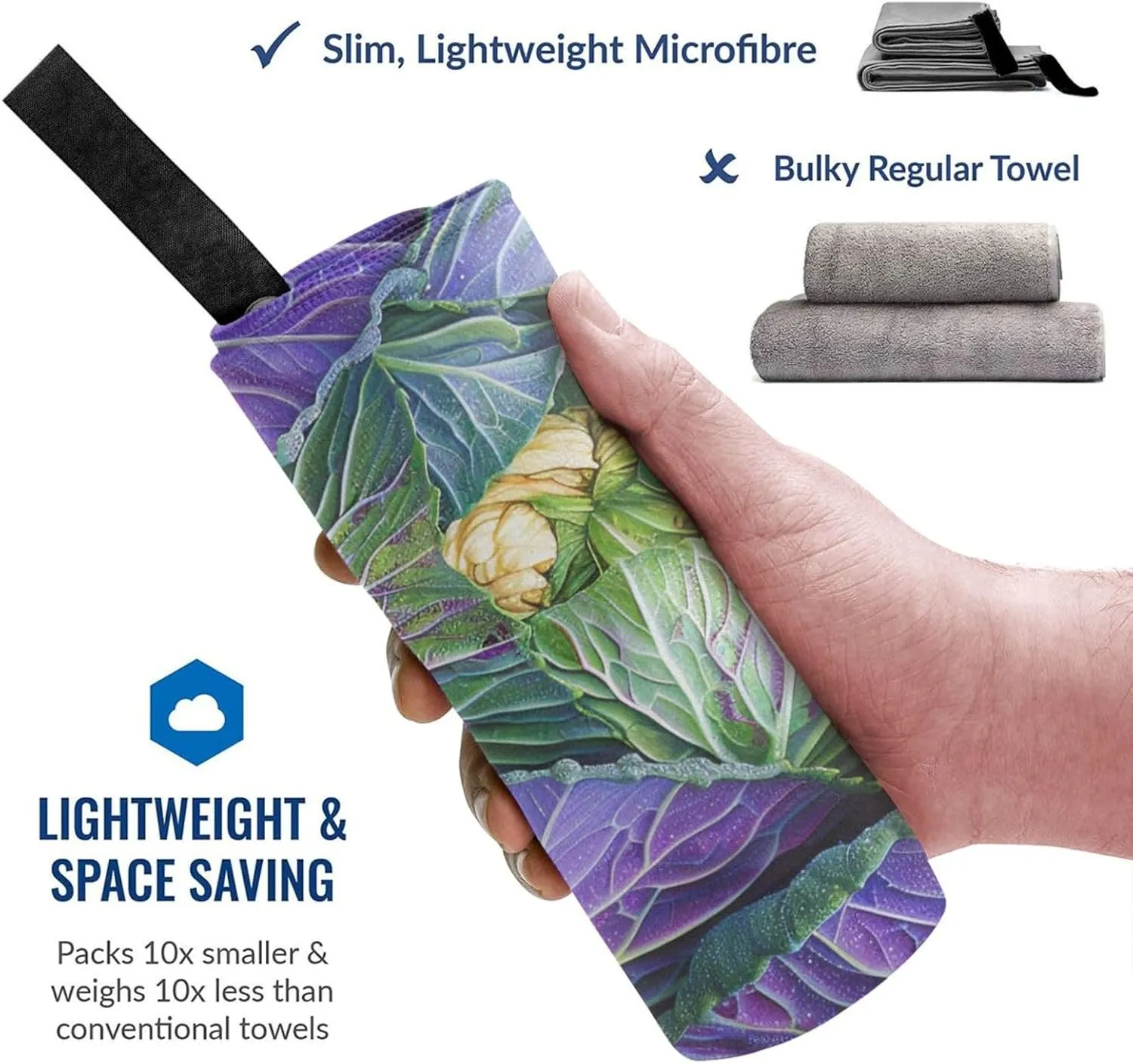 Bright Cabbage Printed Microfiber Towels with Bag and Carabiner, Quick Dry Absorbent Hand Face Towels for Gym Beach Swim Pool Travel Yoga Spa, 31.5"x16"