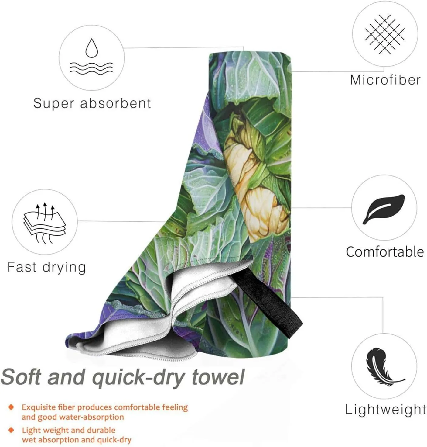 Bright Cabbage Printed Microfiber Towels with Bag and Carabiner, Quick Dry Absorbent Hand Face Towels for Gym Beach Swim Pool Travel Yoga Spa, 31.5"x16"