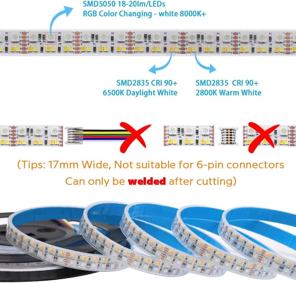 Brightest RGB CCT LED Strip Lights Outdoor Waterproof IP67 Color Changing 24V 270LEDs/m Super Bright RGBWW LED Strip 16.4ft (DC24V Waterproof IP67)