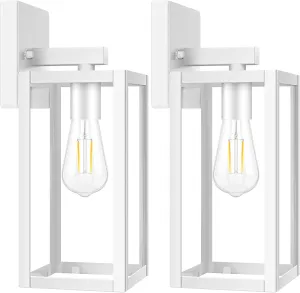 Brightever 2-Pack Outdoor Wall Light Fixtures, Waterproof Anti-Rust Outside Wall Sconce Lantern with Clear Glass, Exterior Front Porch Lights for House Garage Doorway, Bulbs Not Included, White