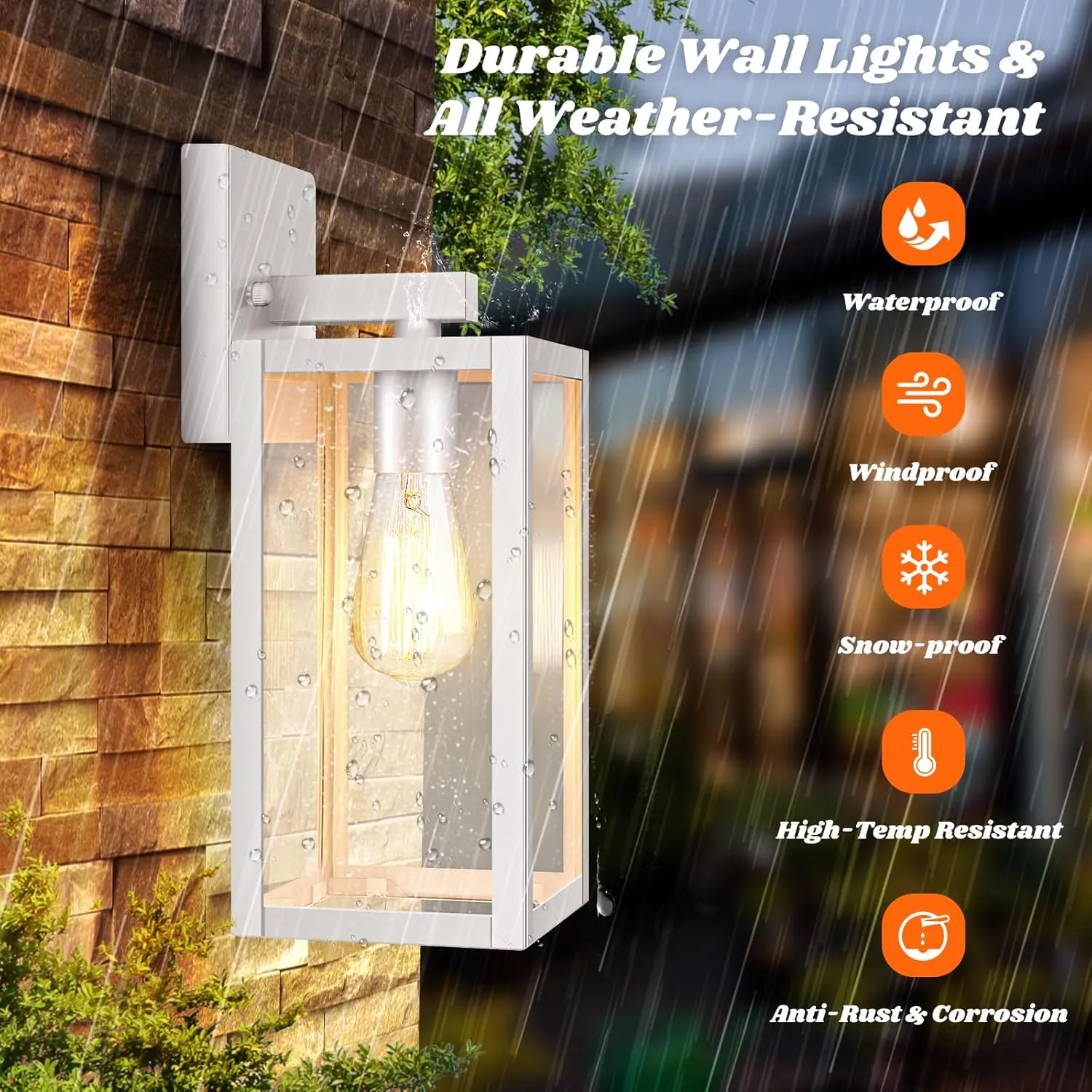 Brightever 2-Pack Outdoor Wall Light Fixtures, Waterproof Anti-Rust Outside Wall Sconce Lantern with Clear Glass, Exterior Front Porch Lights for House Garage Doorway, Bulbs Not Included, White