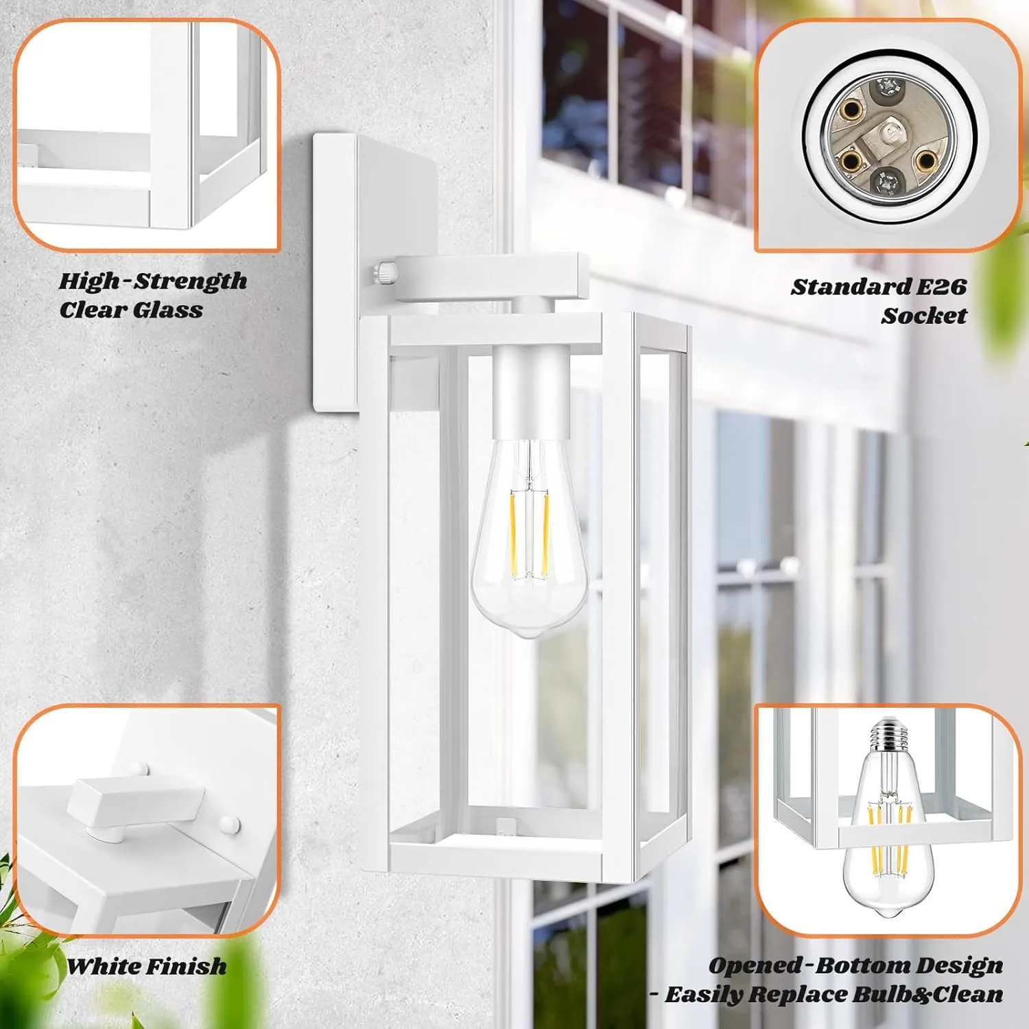 Brightever 2-Pack Outdoor Wall Light Fixtures, Waterproof Anti-Rust Outside Wall Sconce Lantern with Clear Glass, Exterior Front Porch Lights for House Garage Doorway, Bulbs Not Included, White