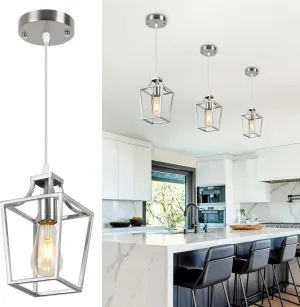 Brushed Nickel Lantern Pendant Light Fixture Pendant Lights for Kitchen Island, Adjustable Wire Hanging Mini Lantern Pendant Lighting for Dining Room Kitchen Hallway Foyer Bedroom
