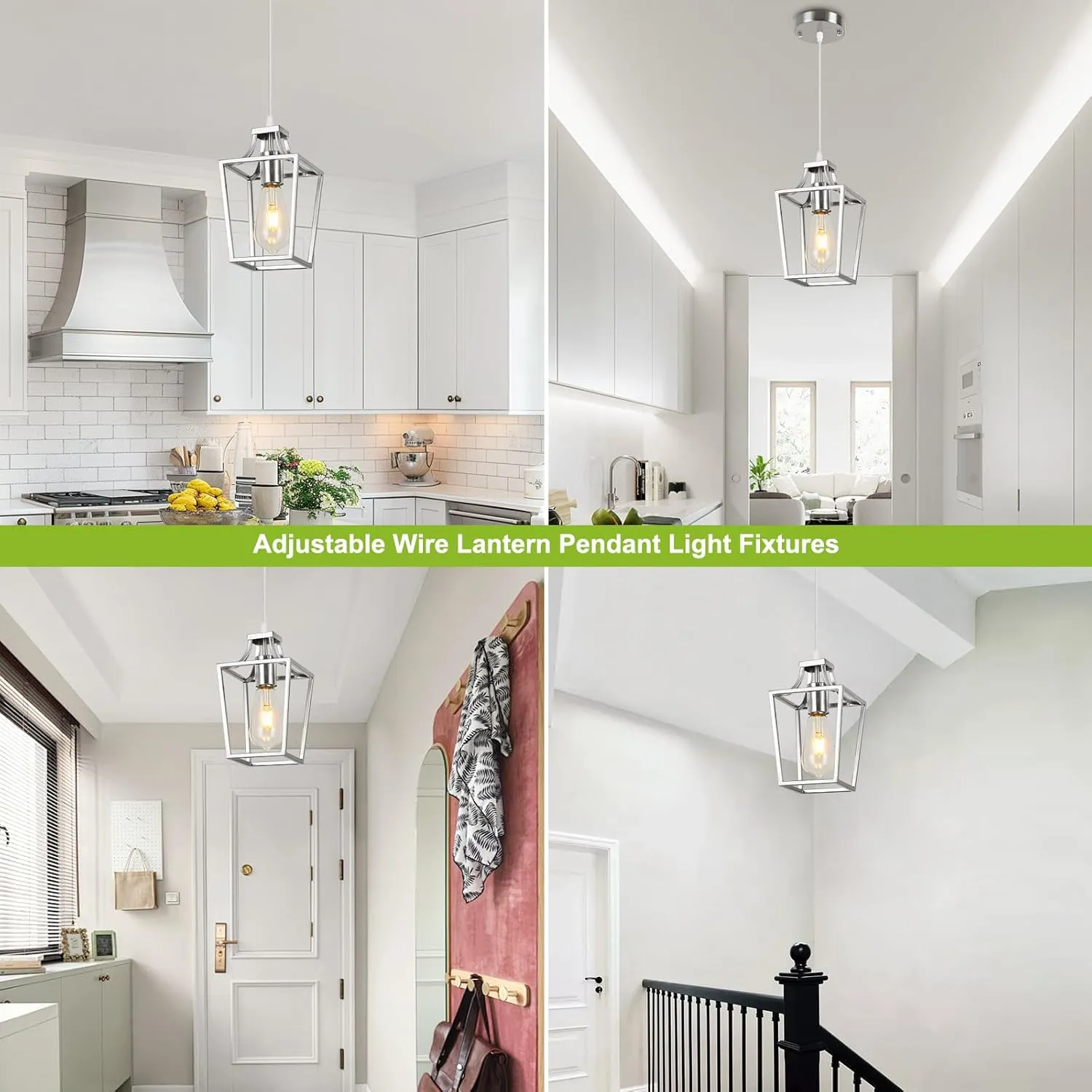 Brushed Nickel Lantern Pendant Light Fixture Pendant Lights for Kitchen Island, Adjustable Wire Hanging Mini Lantern Pendant Lighting for Dining Room Kitchen Hallway Foyer Bedroom