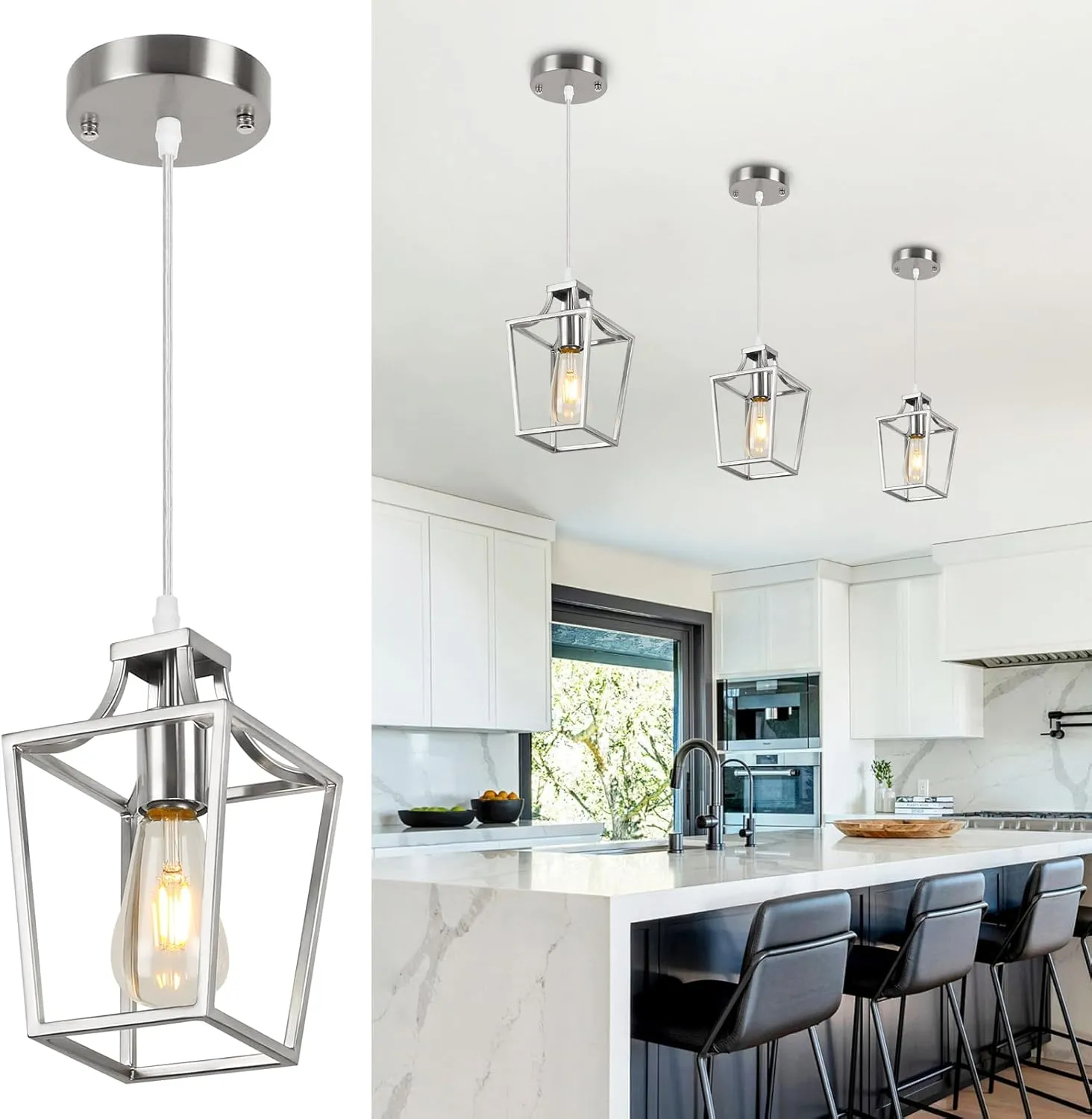 Brushed Nickel Lantern Pendant Light Fixture Pendant Lights for Kitchen Island, Adjustable Wire Hanging Mini Lantern Pendant Lighting for Dining Room Kitchen Hallway Foyer Bedroom