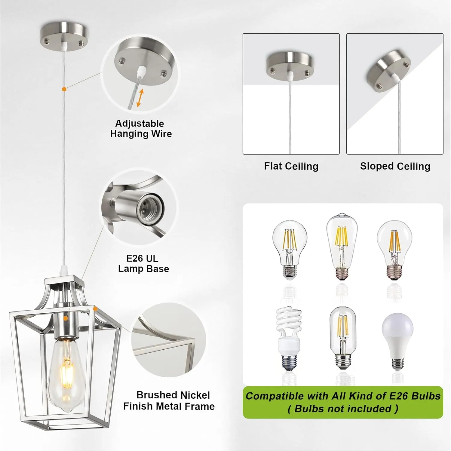 Brushed Nickel Lantern Pendant Light Fixture Pendant Lights for Kitchen Island, Adjustable Wire Hanging Mini Lantern Pendant Lighting for Dining Room Kitchen Hallway Foyer Bedroom