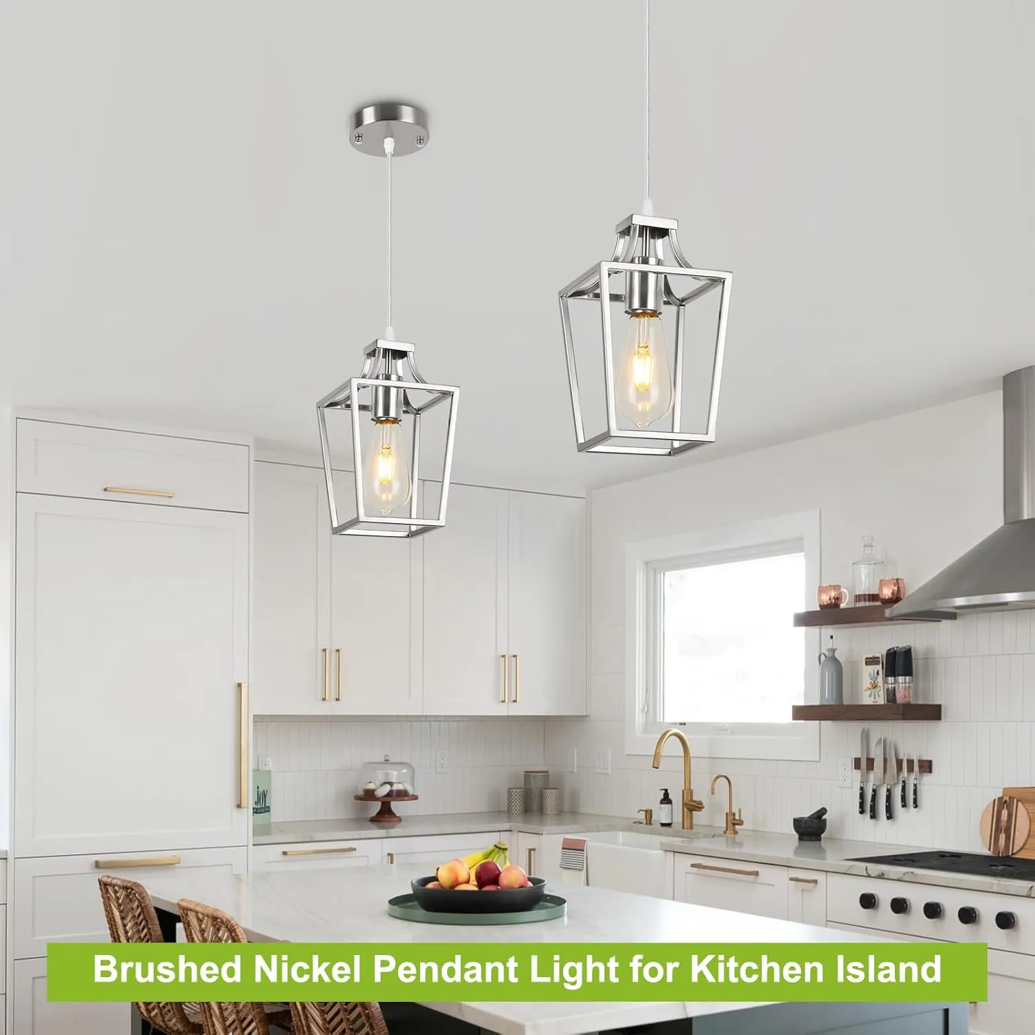 Brushed Nickel Lantern Pendant Light Fixture Pendant Lights for Kitchen Island, Adjustable Wire Hanging Mini Lantern Pendant Lighting for Dining Room Kitchen Hallway Foyer Bedroom