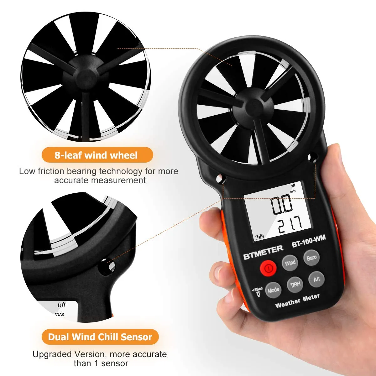 BTMETER Digital Anemometer Barometer Handheld, for Wind Speed Temperature Wind Chill Tester w/Humidity, Altitude, Barometric Pressure Meter for Climbing Drone HVAC CFM BT-100WM