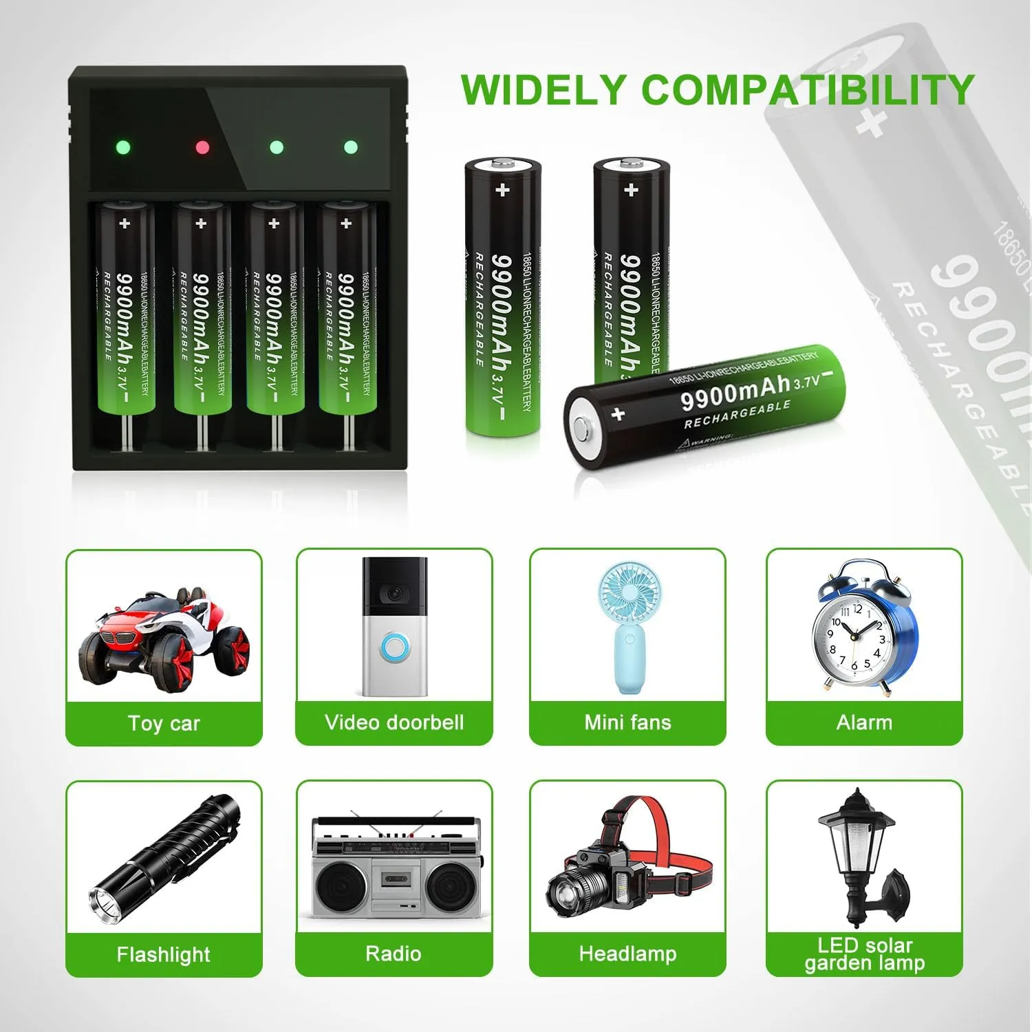 Button Top 18650 Rechargeable Battery 9900mAh High Capacity 3.7 Volt Rechargeable Battery for Headlamp, Flashlight 241019-3S (Button Top, 8 Pack)