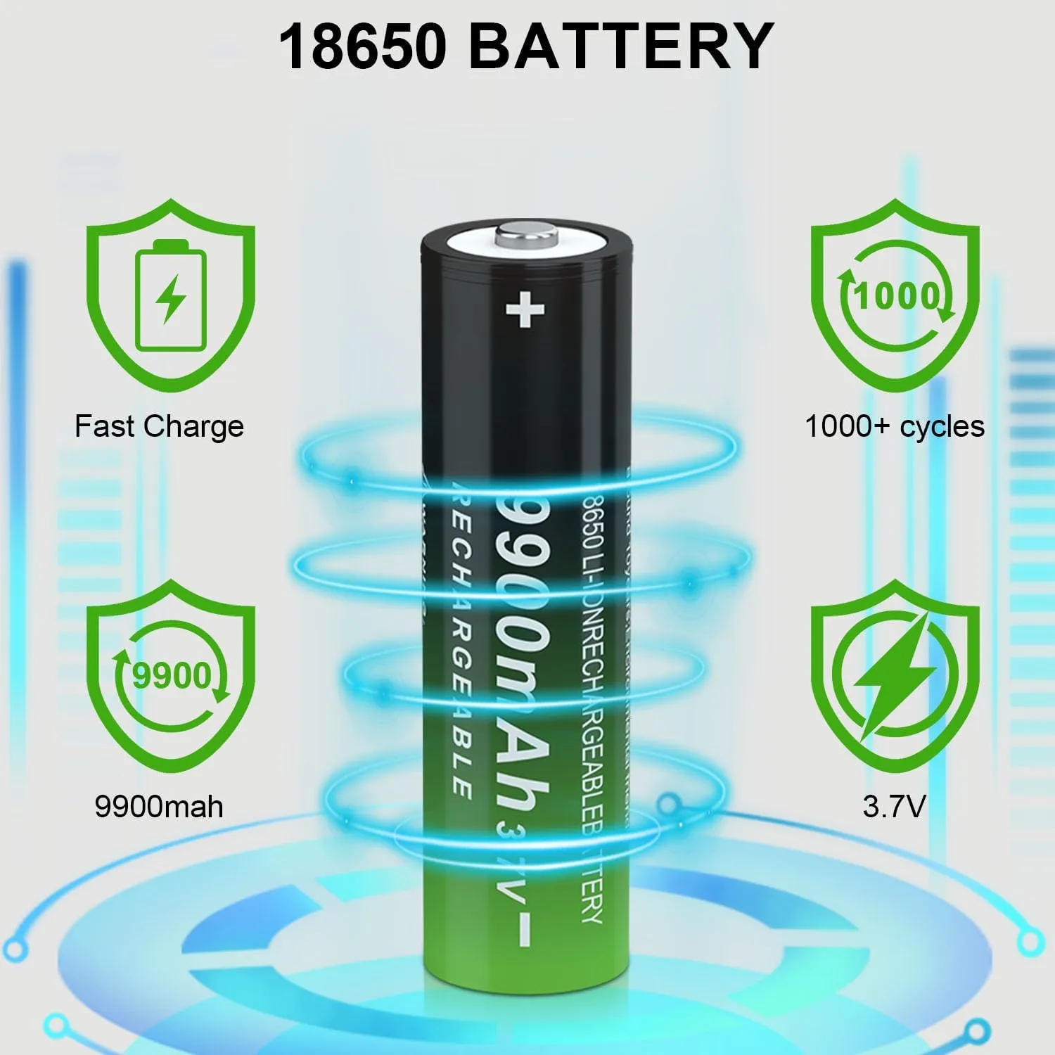 Button Top 18650 Rechargeable Battery 9900mAh High Capacity 3.7 Volt Rechargeable Battery for Headlamp, Flashlight 241019-3S (Button Top, 8 Pack)