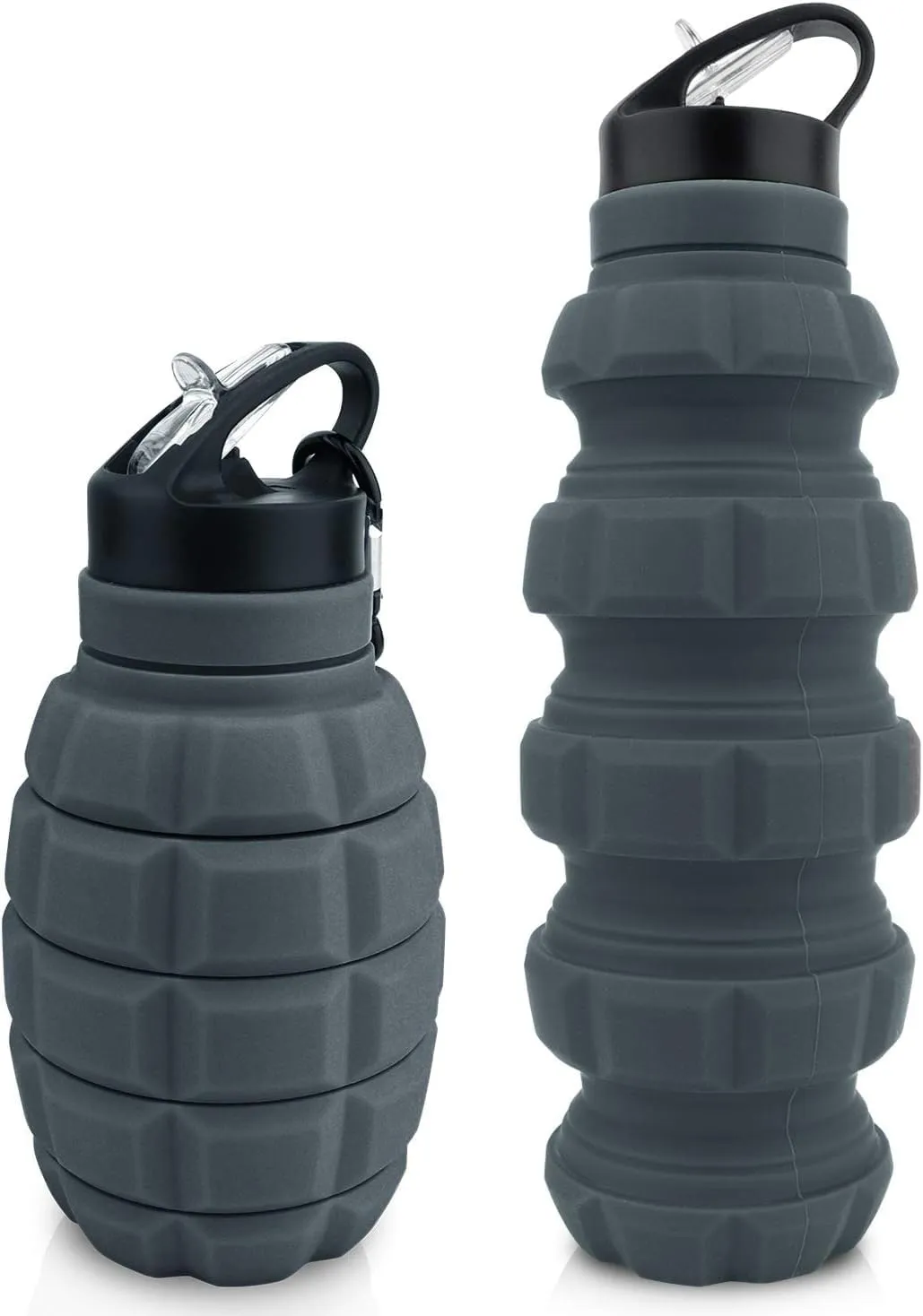 Caliber Gourmet SILICONE COLLAPSABLE TRAVEL WATER BOTTLE 580ML Reusable Silicone Foldable Water Bottles for Gym Camping Hiking, Portable Leak Proof Sports Water Bottle with Carabiner (Dark gray)