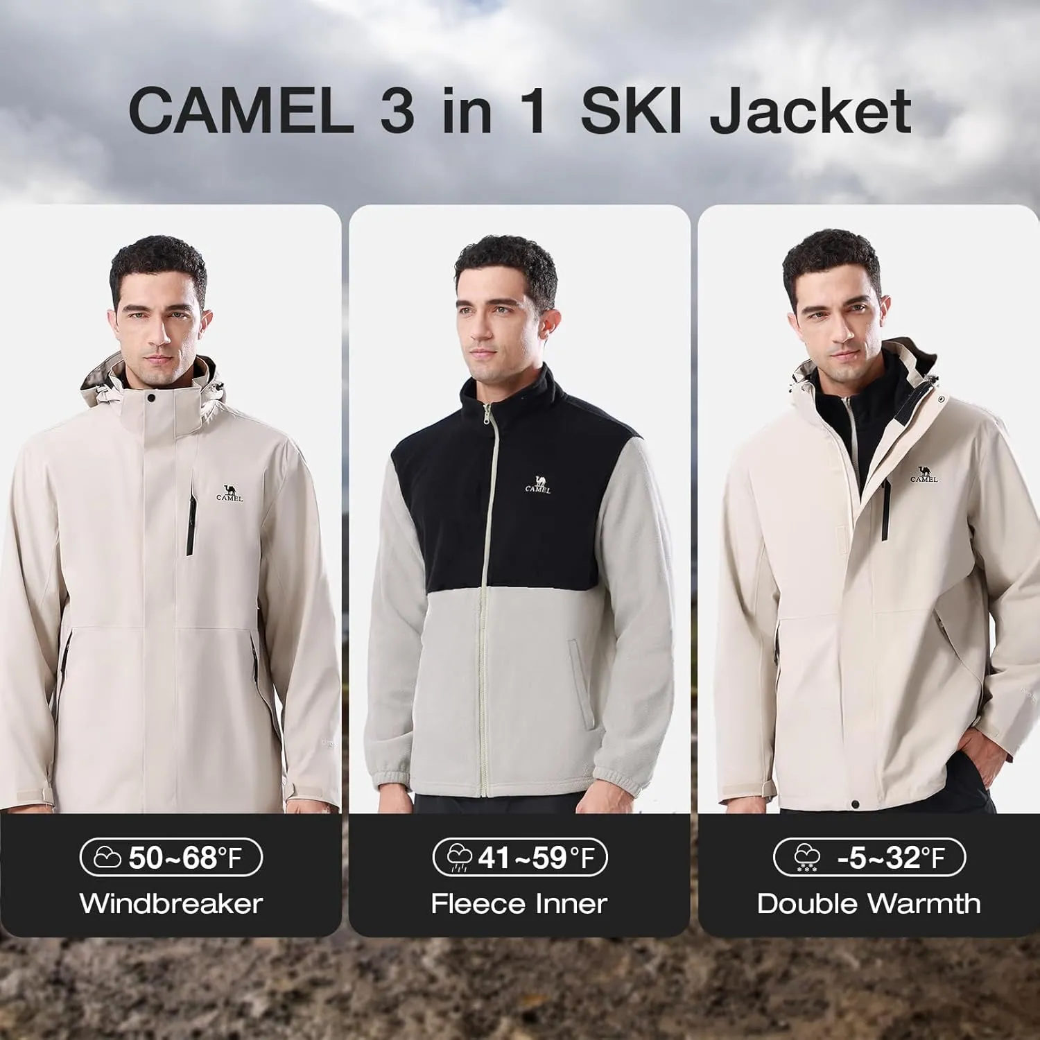 CAMEL 3 in 1 Winter Jackets for Men - Waterproof Ski Jacket with Fleece Jacket - Insulated Coat for Cold Weather