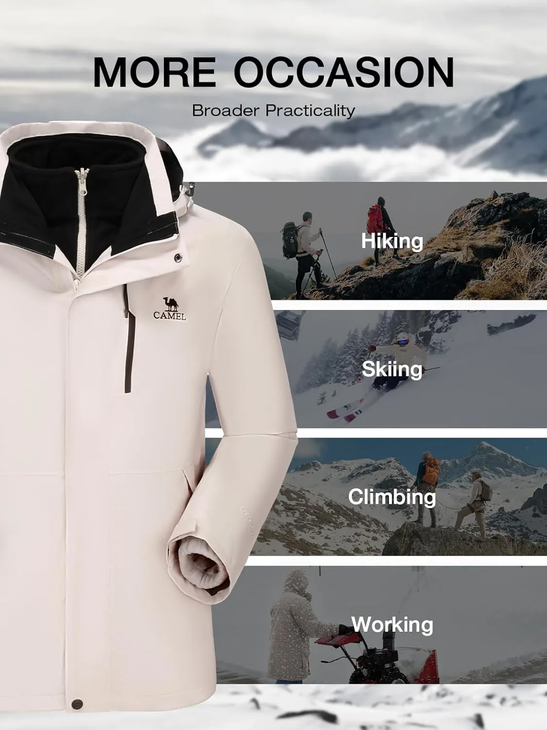 CAMEL 3 in 1 Winter Jackets for Men - Waterproof Ski Jacket with Fleece Jacket - Insulated Coat for Cold Weather