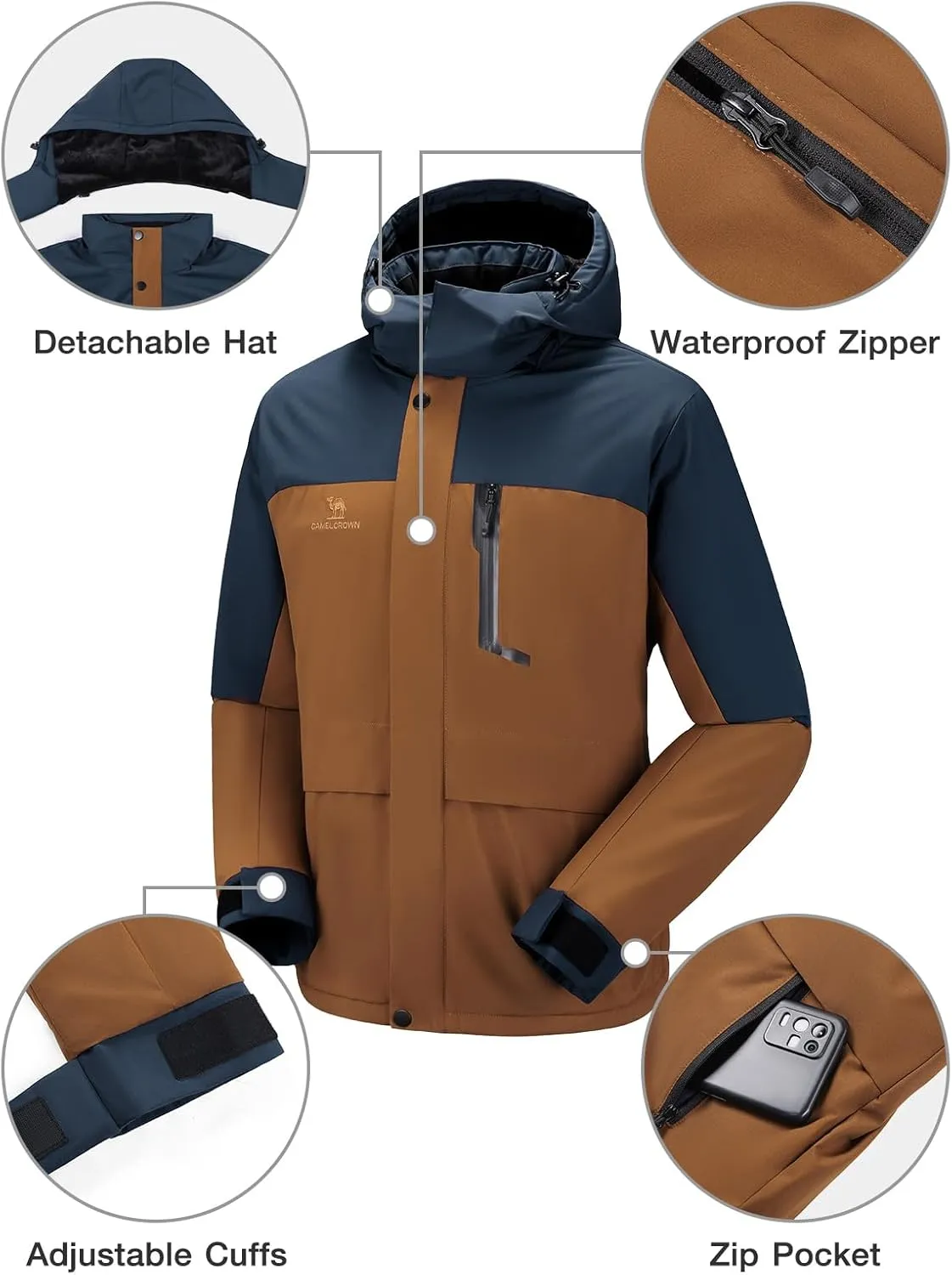 CAMEL CROWN Men's Winter Ski Jacket Mountain Snow Coats Waterproof Detachable Hood Windproof Fleece Rain Jackets