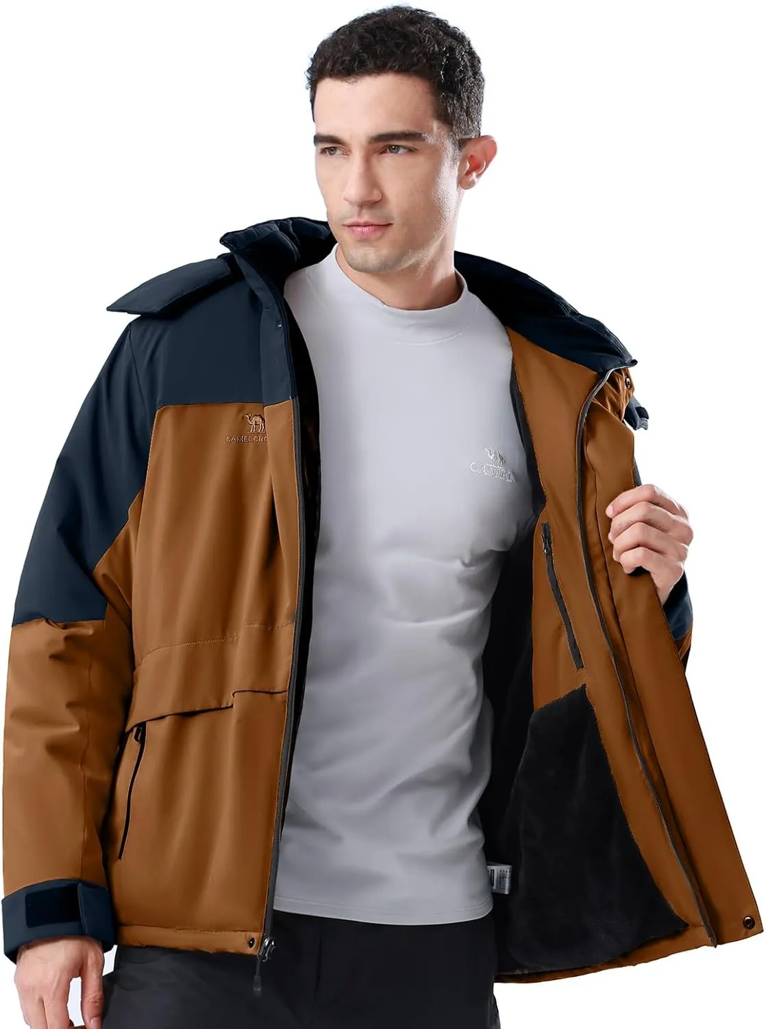 CAMEL CROWN Men's Winter Ski Jacket Mountain Snow Coats Waterproof Detachable Hood Windproof Fleece Rain Jackets