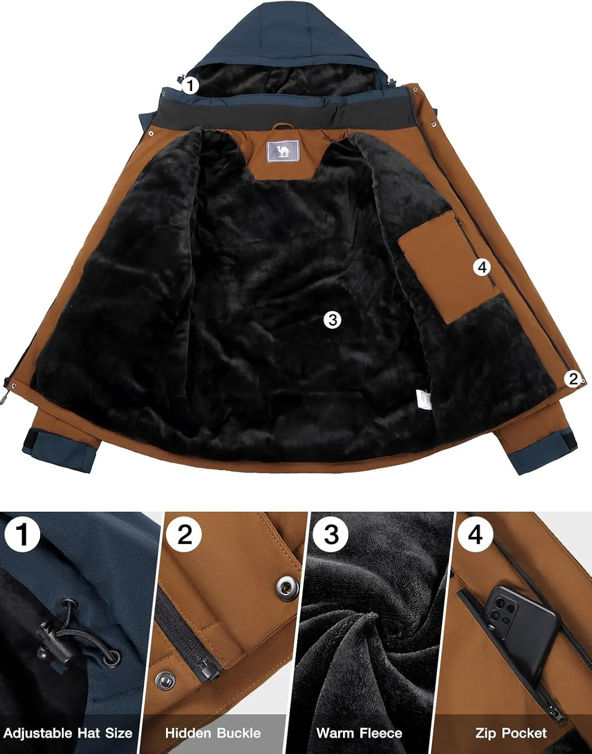 CAMEL CROWN Men's Winter Ski Jacket Mountain Snow Coats Waterproof Detachable Hood Windproof Fleece Rain Jackets