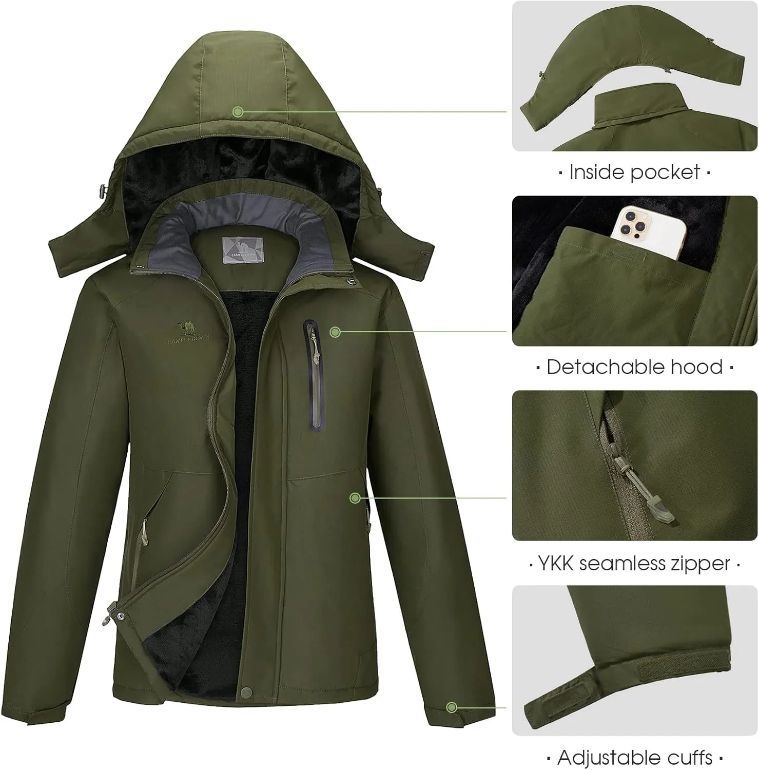 CAMEL Men's Winter Ski Jackets Waterproof Snow Coat with Hood Mountain Windproof Rain Jacket