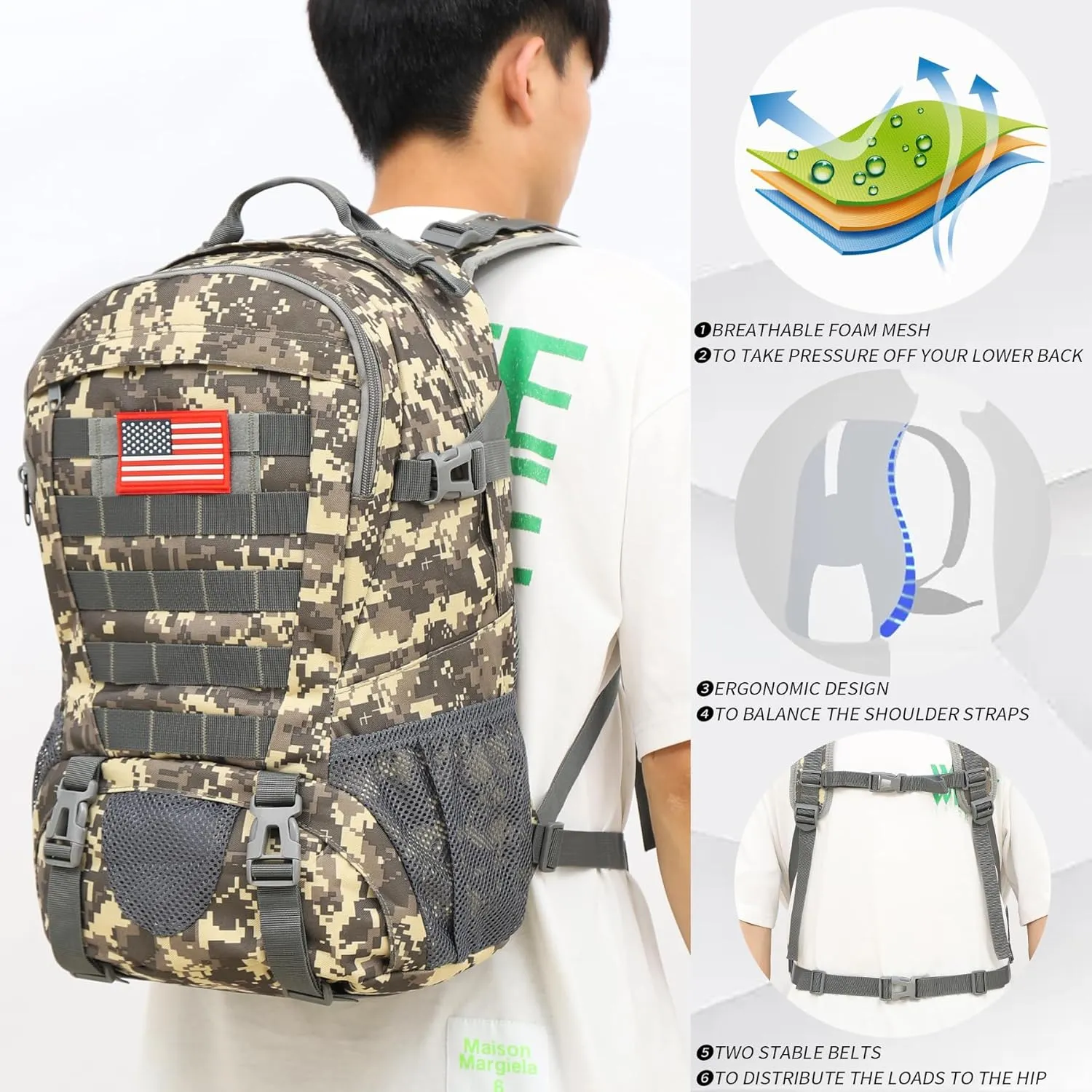 Camo Backpack,Military Tactical Backpack for Men with Flag Patch,30L School Backpack for Outdoor