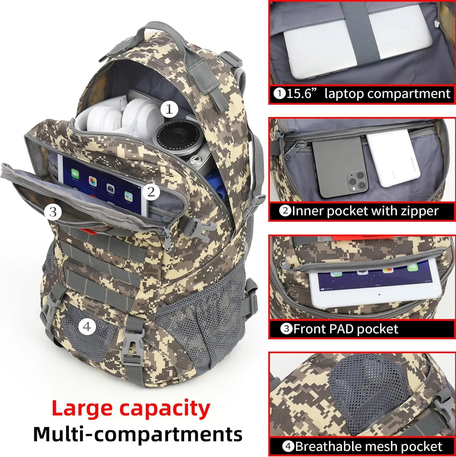 Camo Backpack,Military Tactical Backpack for Men with Flag Patch,30L School Backpack for Outdoor