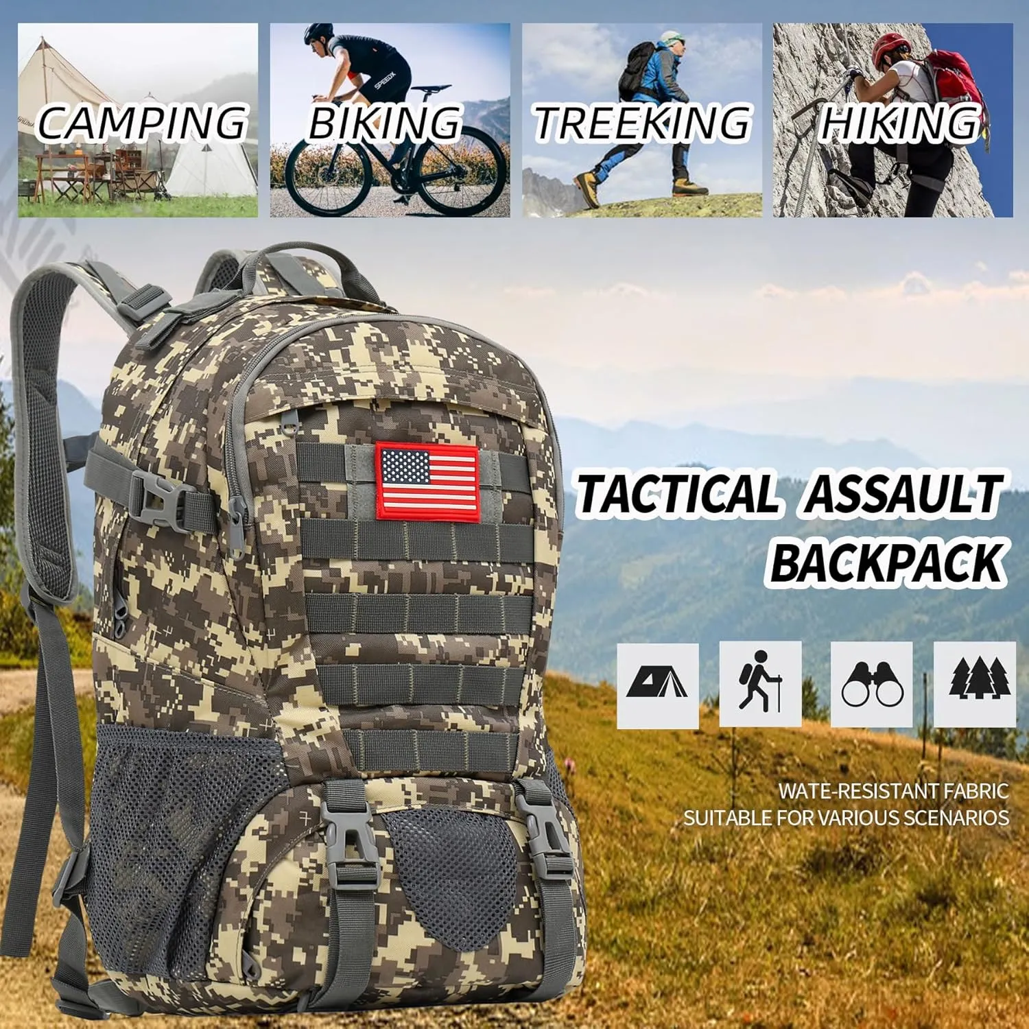 Camo Backpack,Military Tactical Backpack for Men with Flag Patch,30L School Backpack for Outdoor