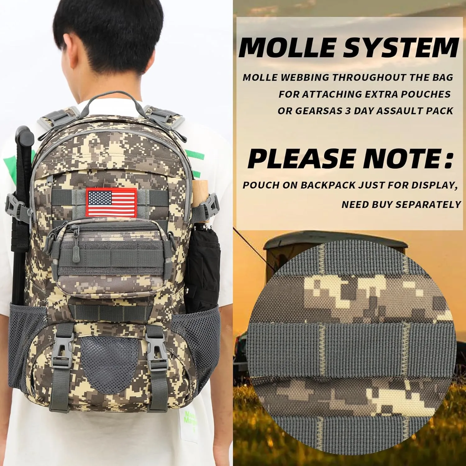 Camo Backpack,Military Tactical Backpack for Men with Flag Patch,30L School Backpack for Outdoor