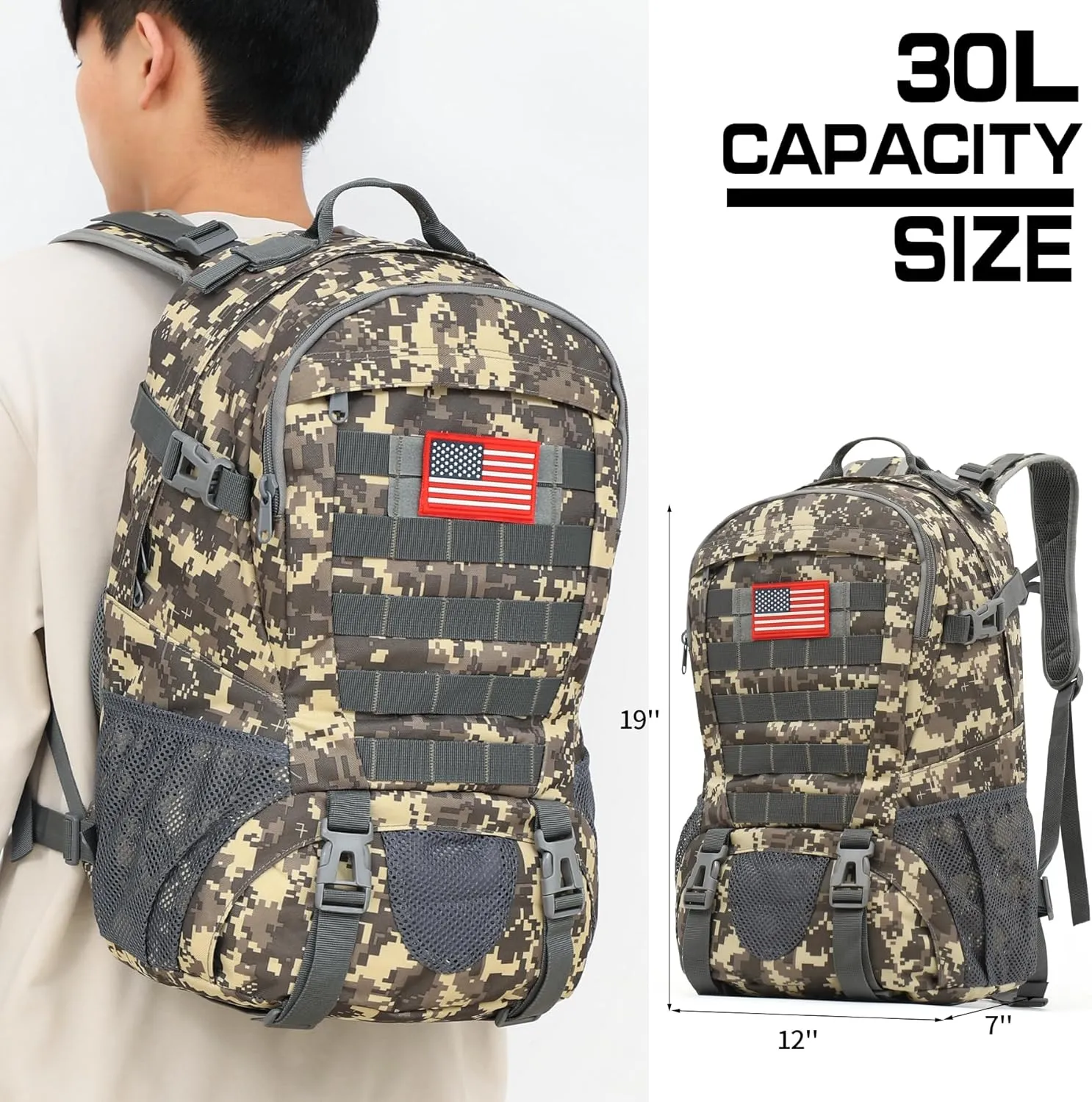 Camo Backpack,Military Tactical Backpack for Men with Flag Patch,30L School Backpack for Outdoor
