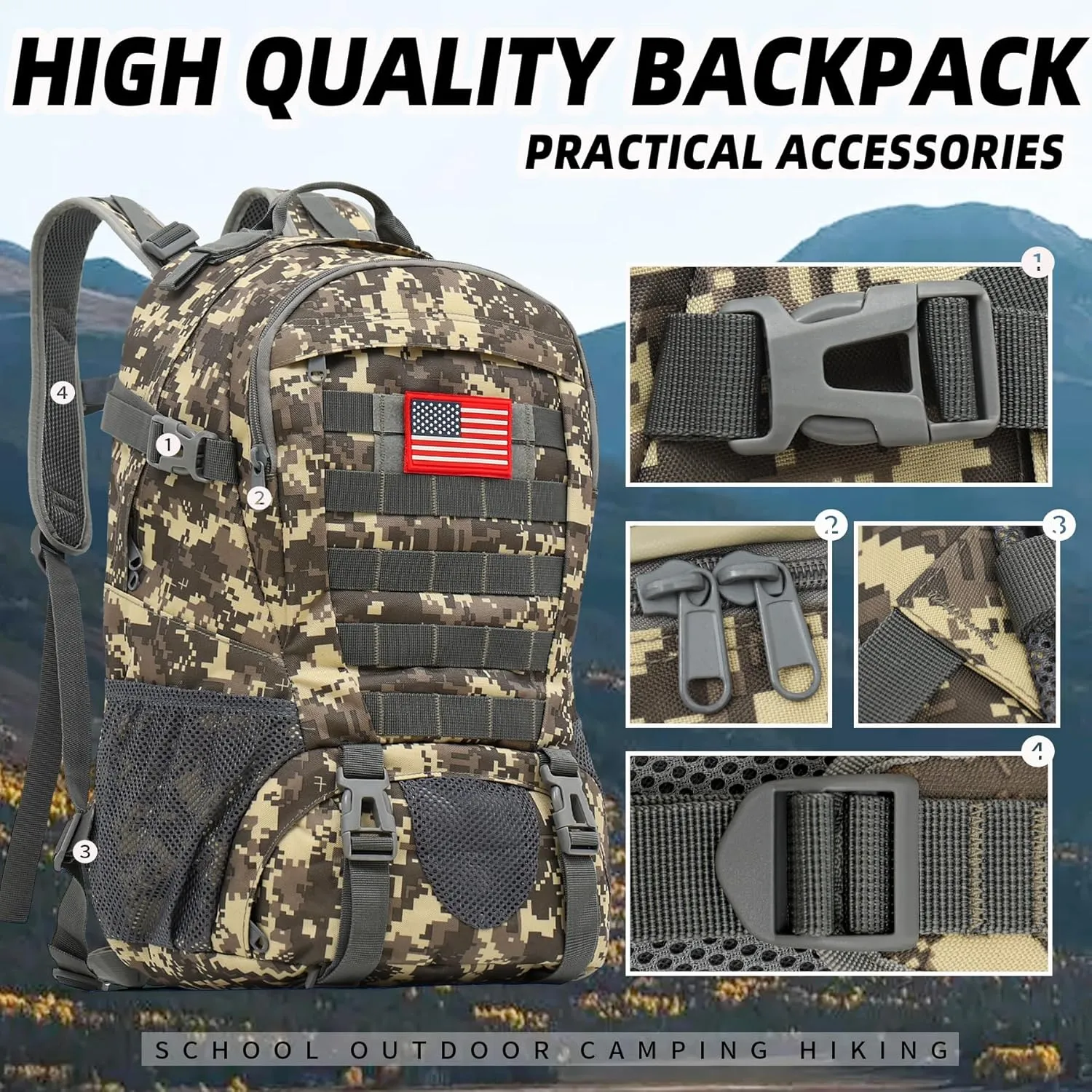 Camo Backpack,Military Tactical Backpack for Men with Flag Patch,30L School Backpack for Outdoor