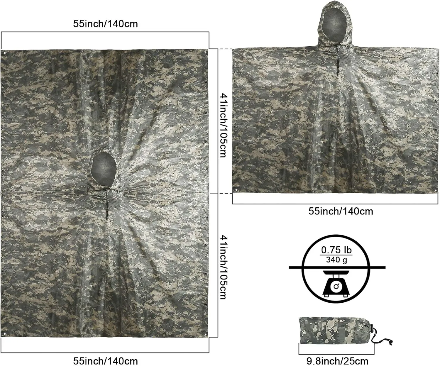 Camo Rain Poncho, Multi Use Waterproof Rain Coat