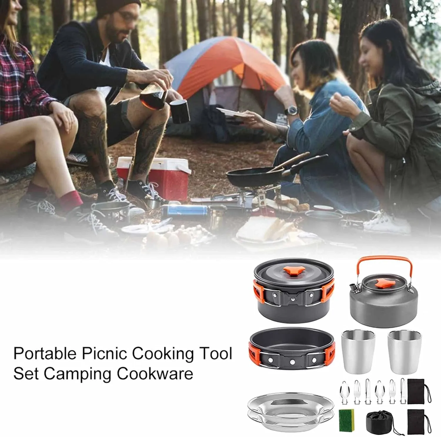 Camping Cookware Portable Pot Pan Cup Teaport Set Folding Outdoor Cooking Set Hiking Picnic Tableware Tool Travel Equipment (Color : A) (C)